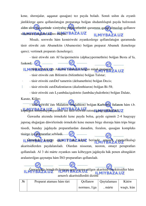  
 
kene, shırınjalar, aqqanat qusaǵan) tez payda boladı. Sonıń ushın da zıyanlı 
jánliklerge qarsı qollanılatuǵın preparatqa bolǵan shıdamlılıqtıń payda bolıwınıń 
aldın alıw maqsetinde ximiyalıq preparatlardıń quramına qarap almaslap qollanıw 
sistemasın engiziw usınıs etilgen. 
Mısalı, sorıwshı hám kemiriwshi zıyankeslerge qollanılatuǵın quramında 
tásir etiwshi zatı Abamektin (Abamestin) bolǵan preparat Abamek (kenelerge 
qarsı); vertimek preparatı (kenelerge);   
- tásir etiwshi zatı Al`facipermetrin (alphacypermethrin) bolǵan Besta al`fa, 
faskord; 
- tásir etiwshi zatı Amitrac (amitraz) bolǵan mitak preparatı;  
- tásir etiwshi zatı Bifentrin (bifenthrin) bolǵan Talstar; 
- tásir etiwshi zatı Del`tametrin (deltamethrin) bolǵan Decis; 
- tásir etiwshi zatı Diafentiuron (diafenthiuron) bolǵan Bi-58; 
- tásir etiwshi zatı Lyambdacigalotrin (lambdacyhalothrin) bolǵan Dalate, 
Karate, Killer; 
- tásir etiwshi zatı Malation (malathion) bolǵan Karbofos, fufanon hám t.b. 
kóplegen ximiyalıq preparatlar usı tásir etiwshi zatına qarap qollanıladı. 
Ǵawasha atızında órmekshi kene payda bolsa, geyde eginniń 2-4 haqıyqıy 
japıraq shıǵarǵan dáwirlerinde órmekshi kene menen birge shırınja hám trips birge 
túsedi, bunday jaǵdayda preparatlardan danadim, fozalon, qusaǵan kompleks 
tásirge iye preparatlar sebiledi. 
Órmekshi kenege qarsı 2 shi islew beriwde arnawlı (spetsifikalıq) 
akaritsidlerden paydalanıladı. Olardan nissoran, neoron, omayt perapratları 
qollanıladı. Al 3 shi márte zıyankes sanı kóbeygen jaǵdayda hák penen altıngúkirt 
aralastırılǵan qaynatpa hám İSO preparatları qollanıladı. 
 
Ǵawashada órmekshi kenege qarsı usınıs etilgen akaritsid-insektitsidler hám 
arnawlı akaritsidlerdiń dizimi 
№ 
Preparat ataması hám túri 
Qollanıw 
norması, l/ga 
Qaytalaması
, márte 
Kútiw 
waqtı, kún 
