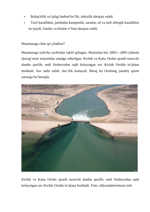 
Baliqchilik xo‘jaligi barbod bo‘lib, ishsizlik darajasi oshdi

Turli kasalliklar, jumladan kamqonlik, saraton, sil va turli allergik kasalliklar
ko‘paydi. Onalar va bolalar o‘limi darajasi oshdi.
Muammoga chek qo‘yiladimi?
Muammoga turlicha yechimlar taklif qilingan. Shulardan biri 2003—2005-yillarda
Qozog‘iston tomonidan amalga oshirilgan. Kichik va Katta Orolni ajratib turuvchi
damba qurilib, endi  Sirdaryodan oqib kelayotgan suv Kichik Orolda to‘plana
boshladi. Suv sathi oshib, sho‘rlik kamaydi. Biroq bu Orolning janubiy qismi
zarariga bo‘lmoqda.
Kichik va Katta Orolni ajratib turuvchi damba qurilib, endi Sirdaryodan oqib
kelayotgan suv Kichik Orolda to‘plana boshladi. Foto: silkroadadventures.info
