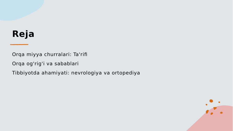 Reja
Orqa miyya churralari: Ta'rifi
Orqa og'rig'i va sabablari
Tibbiyotda ahamiyati: nevrologiya va ortopediya
