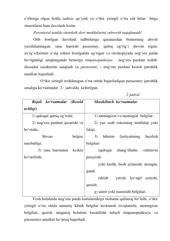 e’tiborga olgan holda tashxis qo‘yish va o‘tkir yiringli o‘rta otit bilan  birga 
sinusitlarni ham davolash lozim.   
 Parenteral usulda ototoksik dori moddalarini yuborish taqiqlanadi! 
 Olib borilgan davolash tadbirlariga qaramasdan bemorning ahvoli 
yaxshilanmagan, tana harorati pasaymay, quloq og‘rig‘i davom etgan, 
so‘rg‘ichsimon o‘siq sohasi bosilganda og‘rigan va otoskopiyada nog‘ora parda 
bo‘rtganligi aniqlanganda bemorga timpanopunksiya - nog‘ora pardani teshib, 
ekssudat xarakterini aniqlash va parasentez - nog‘ora pardani kesish jarrohlik 
amallari bajariladi.  
        O‘tkir yiringli teshilmagan o‘rta otitda bajariladigan parasentez jarrohlik 
amaliga ko‘rsatmalar  2 - jadvalda  keltirilgan.  
                                                                         
 
 2-jadval 
Rejali ko‘rsatmalar (Besold 
uchligi) 
Shoshilinch  ko‘rsatmalar 
1) quloqni qattiq og‘rishi; 
2) nog‘ora pardani qizarishi va 
bo‘rtishi, 
          Shvars 
belgisi  
musbatligi; 
      3) tana haroratini  keskin 
ko‘tarilishi.           
1) meningizm va meningial  belgilar; 
2) yuz asab tolasining nimfalaji yoki 
falaji; 
3) 
labirint 
faoliyatining 
buzilish 
belgilari 
    (quloqni 
shang‘illashi, 
eshituvni 
pasayishi    
    yoki karlik, bosh aylanishi, nistagm, 
gandi 
    raklab  yurish, ko‘ngil aynishi, 
qusish; 
g) antrit yoki mastoidit belgilari. 
Yosh bolalarda nog‘ora parda kattalarnikiga nisbatan qalinroq bo‘lishi, o‘tkir 
yiringli o‘rta otitda umumiy klinik belgilar keskinrok rivojlanishi, meningizm 
belgilari, qusish, tutqanoq holatlari kuzatilishi tufayli timpanopunksiya va 
parasentez amallari ko‘proq bajariladi.  
