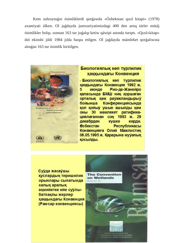  Kem  ushraytuǵın  ósimliklerdi  qorǵawda  «Ózbekstan  qızıl  kitapi»  (1978)
axamiyati  úlken.  Ol  jaǵdayda  jumxuriyatimizdagi  400  den  artıq  túrler  mútáj
ósimlikler bolıp, sonnan 163 tur joǵalıp ketiw qáwipi astında turıptı. «Qızıl»kitap»
dıń ekinshi jildi 1984 jılda baspa etilgen. Ol jaǵdayda mámleket qorǵalıwına
alınǵan 163 tur ósimlik kiritilgen.

