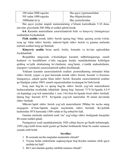 100 tadan 5000 tagacha 
501 tadan 1000 tagacha 
1000tadan ko‘p 
Har qaysi yigirmanchidan 
Har elliginchisidan 
Har yuzinchisidan 
Har qaysi joydan nuqtali namunalarning o‘lchami kartoshkada 5-10 dona, 
mevalar, piyozlarda 200-300g ni tashkil qilishi kerak. 
6.4. Karantin materiallarni zararsizlantirish fizik va kimyoviy (fumigatsiya) 
usullaridan foydaalniladi.  
Fizik usulda termik ishlov berish (quruq bug‘ bilan, qaynoq suvda ivitish, 
issiq ug‘ bilan ishlov berish), mikroto‘lqinli ishlov berish va gamma nurlarida 
nurlash usullari keng qo‘llaniladi. 
Kimyoviy usulda brom metil, fosfin, formalin va ko‘mir uglerodidan 
foydalaniladi. 
Respublika miqyosida o‘tlaziladigan karantin tadbirlariqatoriga zararli 
hasharot va kasalliklarni o‘zida saq;agan horijiy mamlakatlardan keltirilgan 
qishloq xo‘jalik ekinlarining ko‘chatlarini, urug‘larini, o‘simlik mahsulotlarini, 
transport vositalarini zararsizlantirish tadbiri hisoblanadi.  
Yuklarni karantin zararsizlantirish usullari: pestitsidlarning eritmalari bilan 
ishlov berish, yuqori va past haroratda termik ishlov berish, bosimli vs bosimsiz 
fumigatsiya, zaharli gazlar bilan ishlov berish. Karantin zararsizlantirish usullari 
qo‘llanilgan yuklar 100% zararli organizmlardan tozalangan bo‘lishi kerak. 
Issiq nam bug‘da va quruq bug‘da ishlov berish yog‘och materiallarini 
hashaoratlardan tozalashda ishlatiladi. Quruq bug‘ harorati 71°S bo‘lganda 4,5-9 
cm hajmdagi yog‘och materiallar 1 soat, 14x14sm bo‘lganda 4soat ishlov beriladi. 
Quruq bug‘ harorati 82°S  bo‘lganda yog‘och materiallar 30 minut davomida 
ishlov beriladi. 
Mikroto‘lqinli ishlov berish yog‘och materiallarini 500dan bir necha ming 
megogerts ul’trato‘lqinida magnit maydonida ishlov beriladi. Ko‘pchilik 
hashoratlar 50°S haroratda 1500 vattda to‘liq nobud bo‘ladi. 
Gamma nurlarida nurlatish usuli 1m2 yog‘ochga ishlov berilganda harajatlar 
80 sentni tashkil qiladi. 
Fumigatsiya usuli mamlakatimizda 1926 yildan buyon qo‘llanib kelinmoqda. 
1950 yilga kelib brom metil gazini qo‘llashni boshlanishi bilan bu usulni samarasi 
yanada ortib bordi. 
Savollar: 
1. B sxemada nechta nuqtadan namunalar olinadi? 
2. Yoyma holda omborlarda saqlanayotgan bug‘doydan namuna olish qaysi 
tartibda bo‘ladi? 
3. Ho‘l mevalardan qanday tartibda namuna olinadi? 
 
