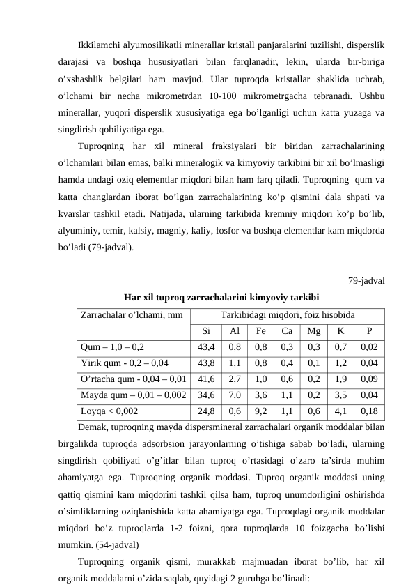 Ikkilamchi alyumosilikatli minerallar kristall panjaralarini tuzilishi, disperslik
darajasi  va  boshqa  hususiyatlari  bilan  farqlanadir,  lekin,  ularda  bir-biriga
o’xshashlik  belgilari  ham  mavjud.  Ular  tuproqda  kristallar  shaklida  uchrab,
o’lchami  bir  necha  mikrometrdan  10-100  mikrometrgacha  tebranadi.  Ushbu
minerallar, yuqori disperslik xususiyatiga ega bo’lganligi uchun katta yuzaga va
singdirish qobiliyatiga ega.
Tuproqning  har  xil  mineral  fraksiyalari  bir  biridan  zarrachalarining
o’lchamlari bilan emas, balki mineralogik va kimyoviy tarkibini bir xil bo’lmasligi
hamda undagi oziq elementlar miqdori bilan ham farq qiladi. Tuproqning  qum va
katta changlardan iborat  bo’lgan zarrachalarining ko’p qismini  dala shpati  va
kvarslar tashkil etadi. Natijada, ularning tarkibida kremniy miqdori ko’p bo’lib,
alyuminiy, temir, kalsiy, magniy, kaliy, fosfor va boshqa elementlar kam miqdorda
bo’ladi (79-jadval).
79-jadval
Har xil tuproq zarrachalarini kimyoviy tarkibi
Zarrachalar o’lchami, mm
Tarkibidagi miqdori, foiz hisobida 
Si
Al
Fe
Ca
Mg
K
P
Qum – 1,0 – 0,2
43,4
0,8
0,8
0,3
0,3
0,7
0,02
Yirik qum - 0,2 – 0,04
43,8
1,1
0,8
0,4
0,1
1,2
0,04
O’rtacha qum - 0,04 – 0,01
41,6
2,7
1,0
0,6
0,2
1,9
0,09
Mayda qum – 0,01 – 0,002
34,6
7,0
3,6
1,1
0,2
3,5
0,04
Loyqa < 0,002
24,8
0,6
9,2
1,1
0,6
4,1
0,18
Demak, tuproqning mayda dispersmineral zarrachalari organik moddalar bilan
birgalikda tuproqda adsorbsion jarayonlarning o’tishiga sabab bo’ladi, ularning
singdirish  qobiliyati  o’g’itlar  bilan  tuproq  o’rtasidagi  o’zaro  ta’sirda  muhim
ahamiyatga ega. Tuproqning organik moddasi. Tuproq organik moddasi uning
qattiq qismini kam miqdorini tashkil qilsa ham, tuproq unumdorligini oshirishda
o’simliklarning oziqlanishida katta ahamiyatga ega. Tuproqdagi organik moddalar
miqdori  bo’z  tuproqlarda  1-2  foizni,  qora  tuproqlarda  10  foizgacha  bo’lishi
mumkin. (54-jadval)
Tuproqning  organik  qismi,  murakkab  majmuadan  iborat  bo’lib,  har  xil
organik moddalarni o’zida saqlab, quyidagi 2 guruhga bo’linadi:

