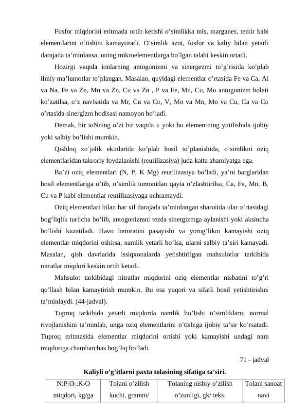 Fosfor miqdorini eritmada ortib ketishi o’simlikka mis, marganes, temir kabi
elementlarini o’tishini kamaytiradi. O’simlik azot, fosfor va kaliy bilan yetarli
darajada ta’minlansa, uning mikroelementlarga bo’lgan talabi keskin ortadi.
Hozirgi  vaqtda  ionlarning  antogonizmi  va  sinergezmi  to’g’risida  ko’plab
ilmiy ma’lumotlar to’plangan. Masalan, quyidagi elementlar o’rtasida Fe va Ca, Al
va Na, Fe va Zn, Mn va Zn, Cu va Zn , P va Fe, Mn, Cu, Mo antogonizm holati
ko’zatilsa, o’z navbatida va Mr, Cu va Co, V, Mo va Mn, Mo va Cu, Ca va Co
o’rtasida sinergizm hodisasi namoyon bo’ladi.
Demak, bir ioNning o’zi bir vaqtda u yoki bu elementning yutilishida ijobiy
yoki salbiy bo’lishi mumkin.
Qishloq  xo’jalik  ekinlarida  ko’plab  hosil  to’planishida,  o’simlikni  oziq
elementlaridan takroriy foydalanishi (reutilizasiya) juda katta ahamiyatga ega.
Ba’zi oziq elementlari (N, P, K Mg) reutilizasiya bo’ladi, ya’ni barglaridan
hosil elementlariga o’tib, o’simlik tomonidan qayta o’zlashtirilsa, Ca, Fe, Mn, B,
Cu va P kabi elementlar reutilizasiyaga uchramaydi. 
Oziq elementlari bilan har xil darajada ta’minlangan sharoitda ular o’rtasidagi
bog’liqlik turlicha bo’lib, antogonizmni tezda sinergizmga aylanishi yoki aksincha
bo’lishi  kuzatiladi.  Havo  haroratini  pasayishi  va  yorug’likni  kamayishi  oziq
elementlar miqdorini oshirsa, namlik yetarli bo’lsa, ularni salbiy ta’siri kamayadi.
Masalan,  qish  davrlarida  issiqxonalarda  yetishtirilgan  mahsulotlar  tarkibida
nitratlar miqdori keskin ortib ketadi.
Mahsulot  tarkibidagi  nitratlar  miqdorini  oziq  elementlar  nisbatini  to’g’ri
qo’llash bilan kamaytirish mumkin. Bu esa yuqori va sifatli hosil yetishtirishni
ta’minlaydi. (44-jadval).
Tuproq  tarkibida  yetarli  miqdorda  namlik  bo’lishi  o’simliklarni  normal
rivojlanishini ta’minlab, unga oziq elementlarini o’tishiga ijobiy ta’sir ko’rsatadi.
Tuproq  eritmasida  elementlar  miqdorini  ortishi  yoki  kamayishi  undagi  nam
miqdoriga chambarchas bog’liq bo’ladi.
71 - jadval
Kaliyli o’g’itlarni paxta tolasining sifatiga ta’siri.
N:P2O5:K2O
miqdori, kg/ga
Tolani o’zilish
kuchi, gramm/
Tolaning nisbiy o’zilish
o’zunligi, gk/ teks.
Tolani sanoat
navi

