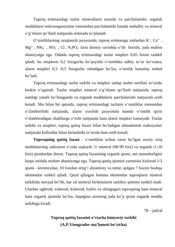 Tuproq eritmasidagi  tuzlar minerallarni  nurashi  va parchalanishi, organik
moddalarni mikroorganizmlar tomonidan parchalanishi hamda mahalliy va mineral
o’g’itlarni qo’llash natijasida eritmada to’planadi.
O’simliklarning oziqlanish jarayonida, tuproq eritmasiga ionlardan K+, Ca2+ ,
Mg2+  , NH4
+ , NO3
- , Cl-, N2PO4
- larni doimiy ravishda o’tib  borishi, juda muhim
ahamiyatga ega. Odatda tuproq eritmasidagi tuzlar miqdori 0,05 foizni tashkil
qiladi, bu miqdorni 0,2 foizgacha ko’payishi o’simlikka salbiy ta’sir ko’rsatsa,
ularni  miqdori  0,3  -0,5  foizgacha  oshadigan  bo’lsa,  o’simlik  butunlay  nobud
bo’ladi.
Tuproq eritmasidagi tuzlar tarkibi va miqdori tashqi muhit omillari ta’sirida
keskin o’zgaradi. Tuzlar miqdori mineral o’g’itlarni qo’llash natijasida, tuproq
namligi yetarli bo’lmaganda va organik moddalarni parchalanishi natijasida ortib
ketadi. Shu bilan bir qatorda, tuproq eritmasidagi tuzlarni o’simliklar tomonidan
o’zlashtirilishi  natijasida,  ularni  yuvilish  jarayonida  hamda  o’simlik  qiyin
o’zlashtiradigan shakllarga o’tishi natijasida ham ularni miqdori kamayadi. Tuzlar
tarkibi va miqdori, tuproq qattiq fazasi bilan bo’ladigan almashinish reaksiyalari
natijasida kolloidlar bilan birlashishi ta’sirida ham ortib ketadi.
Tuproqning qattiq fazasi - o’simliklar uchun zarur bo’lgan asosiy oziq
moddalarning zahirasini o’zida saqlaydi. U mineral (90-99 foiz) va organik (1-10
foiz) qismlardan iborat. Tuproq qattiq fazasining organik qismi, uni unumdorligini
barpo etishda muhim ahamiyatga ega. Tuproq qattiq qismini yarmisini kislorod 1/3
qismi - kremniydan, 10 foizdan ortig’i alyuminiy va temir, qolgan 7 foizini boshqa
elementlar tashkil qiladi. Qayd qilingan hamma elementlar tuproqlarni mineral
tarkibida mavjud bo’lib, har xil mineral birikmalarni tarkibiy qismini tashkil etadi.
Ulardan uglerod, vodorod, kislorod, fosfor va oltingugurt tuproqning ham mineral
ham organik qismida bo’lsa, faqatgina azotning juda ko’p qismi organik modda
tarkibiga kiradi.
78 – jadval
Tuproq qattiq fazasini o’rtacha kimyoviy tarkibi
(A.P.Vinogradov ma’lumoti bo’yicha)
