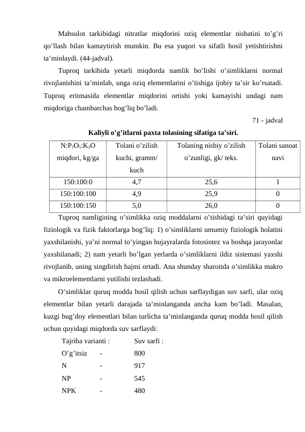 Mahsulot  tarkibidagi  nitratlar  miqdorini  oziq  elementlar  nisbatini  to’g’ri
qo’llash bilan kamaytirish mumkin. Bu esa yuqori va sifatli hosil yetishtirishni
ta’minlaydi. (44-jadval).
Tuproq  tarkibida  yetarli  miqdorda  namlik  bo’lishi  o’simliklarni  normal
rivojlanishini ta’minlab, unga oziq elementlarini o’tishiga ijobiy ta’sir ko’rsatadi.
Tuproq  eritmasida  elementlar  miqdorini  ortishi  yoki  kamayishi  undagi  nam
miqdoriga chambarchas bog’liq bo’ladi.
71 - jadval
Kaliyli o’g’itlarni paxta tolasining sifatiga ta’siri.
N:P2O5:K2O
miqdori, kg/ga
Tolani o’zilish
kuchi, gramm/
kuch
Tolaning nisbiy o’zilish
o’zunligi, gk/ teks.
Tolani sanoat
navi
150:100:0
4,7
25,6
1
150:100:100
4,9
25,9
0
150:100:150
5,0
26,0
0
Tuproq namligining o’simlikka oziq moddalarni o’tishidagi ta’siri quyidagi
fiziologik va fizik faktorlarga bog’liq: 1) o’simliklarni umumiy fiziologik holatini
yaxshilanishi, ya’ni normal to’yingan hujayralarda fotosintez va boshqa jarayonlar
yaxshilanadi; 2) nam yetarli bo’lgan yerlarda o’simliklarni ildiz sistemasi yaxshi
rivojlanib, uning singdirish hajmi ortadi. Ana shunday sharoitda o’simlikka makro
va mikroelementlarni yutilishi tezlashadi.
O’simliklar quruq modda hosil qilish uchun sarflaydigan suv sarfi, ular oziq
elementlar bilan yetarli darajada ta’minlanganda ancha kam bo’ladi. Masalan,
kuzgi bug’doy elementlari bilan turlicha ta’minlanganda quruq modda hosil qilish
uchun quyidagi miqdorda suv sarflaydi:
Tajriba varianti :
Suv sarfi :
O’g’itsiz
 -
800
N
 -
917
NP
 -
545
NPK
 -
480

