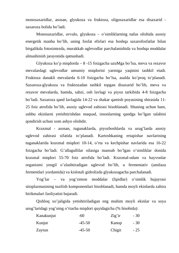monosaxaridlar,  asosan,  glyukoza  va  fruktoza,  oligosaxaridlar  esa  disaxarid  -
saxaroza holida bo’ladi.
Monosaxaridlar, avvalo, glyukoza – o’simliklarning nafas olishida asosiy
energetik manba  bo’lib,  uning fosfat  efirlari  esa  boshqa  saxarofosfatlar  bilan
birgalikda fotosintezda, murakkab uglevodlar parchalanishida va boshqa moddalar
almashinish jarayonida qatnashadi.
Glyukoza ko’p miqdorda – 8 -15 foizgacha uzuMga bo’lsa, meva va rezavor
mevalardagi  uglevodlar  umumiy  miqdorini  yarmiga  yaqinini  tashkil  etadi.
Fruktoza danakli  mevalarda 6-10 foizgacha bo’lsa, asalda ko’proq to’planadi.
Saxaroza-glyukoza  va  fruktozadan  tashkil  topgan  disaxarid  bo’lib,  meva  va
rezavor mevalarda, hamda, sabzi, osh lavlagi va piyoz tarkibida 4-8 foizgacha
bo’ladi. Saxaroza qand lavlagida 14-22 va shakar qamish poyasining shirasida 11-
25 foiz atrofida bo’lib, asosiy uglevod zahirasi hisoblanadi. Shuning uchun ham,
ushbu  ekinlarni  yetishtirishdan  maqsad,  insonlarning  qandga  bo’lgan  talabini
qondirish uchun xom ashyo olishdir.
Kraxmal  -  asosan,  tugunaklarda,  piyozboshlarda  va  urug’larda  asosiy
uglevod  zahirasi  sifatida  to’planadi.  Kartoshkaning  ertapishar  navlarining
tuganaklarida kraxmal miqdori 10-14, o’rta va kechpishar navlarida esa 16-22
foizgacha  bo’ladi.  G’allagullilar  oilasiga  mansub  bo’lgan  o’simliklar  donida
kraxmal  miqdori  55-70  foiz  atrofida  bo’ladi.  Kraxmal-odam  va  hayvonlar
organizmi  yengil  o’zlashtiradigan  uglevod  bo’lib,  u  fermentativ  (amilaza
fermentlari yordamida) va kislotali gidrolizda glyukozagacha parchalanadi.
Yog’lar  –  va  yog’simon  moddalar  (lipidlar)  o’simlik  hujayrasi
sitoplazmasining tuzilish komponentlari hisoblanadi, hamda moyli ekinlarda zahira
birikmalari faoliyatini bajaradi.
Qishloq  xo’jaligida  yetishtiriladigan  eng  muhim  moyli  ekinlar  va  soya
urug’laridagi yog’ning o’rtacha miqdori quyidagicha (% hisobida):
Kanakunjut
-60
Zig’ir
 - 30
Kunjut
-45-50
Kanop
 - 30
Zaytun
-45-50
Chigit
 - 25
