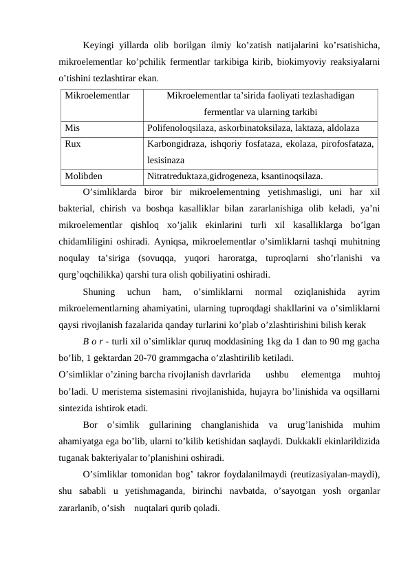 Keyingi yillarda olib borilgan ilmiy ko’zatish natijalarini ko’rsatishicha,
mikroelementlar ko’pchilik fermentlar tarkibiga kirib, biokimyoviy reaksiyalarni
o’tishini tezlashtirar ekan.
Mikroelementlar 
Mikroelementlar ta’sirida faoliyati tezlashadigan
fermentlar va ularning tarkibi
Mis 
Polifenoloqsilaza, askorbinatoksilaza, laktaza, aldolaza 
Rux
Karbongidraza, ishqoriy fosfataza, ekolaza, pirofosfataza,
lesisinaza 
Molibden 
Nitratreduktaza,gidrogeneza, ksantinoqsilaza. 
O’simliklarda  biror  bir  mikroelementning  yetishmasligi,  uni  har  xil
bakterial,  chirish  va  boshqa  kasalliklar  bilan  zararlanishiga  olib  keladi,  ya’ni
mikroelementlar  qishloq  xo’jalik  ekinlarini  turli  xil  kasalliklarga  bo’lgan
chidamliligini oshiradi. Ayniqsa, mikroelementlar o’simliklarni tashqi muhitning
noqulay  ta’siriga  (sovuqqa,  yuqori  haroratga,  tuproqlarni  sho’rlanishi  va
qurg’oqchilikka) qarshi tura olish qobiliyatini oshiradi.
Shuning  uchun  ham,  o’simliklarni  normal  oziqlanishida  ayrim
mikroelementlarning ahamiyatini, ularning tuproqdagi shakllarini va o’simliklarni
qaysi rivojlanish fazalarida qanday turlarini ko’plab o’zlashtirishini bilish kerak
B o r - turli xil o’simliklar quruq moddasining 1kg da 1 dan to 90 mg gacha
bo’lib, 1 gektardan 20-70 grammgacha o’zlashtirilib ketiladi.
O’simliklar o’zining barcha rivojlanish davrlarida  
ushbu  elementga  muhtoj
bo’ladi. U meristema sistemasini rivojlanishida, hujayra bo’linishida va oqsillarni
sintezida ishtirok etadi.
Bor  o’simlik  gullarining  changlanishida  va  urug’lanishida  muhim
ahamiyatga ega bo’lib, ularni to’kilib ketishidan saqlaydi. Dukkakli ekinlarildizida
tuganak bakteriyalar to’planishini oshiradi.
O’simliklar tomonidan bog’ takror foydalanilmaydi (reutizasiyalan-maydi),
shu  sababli  u  yetishmaganda,  birinchi  navbatda,  o’sayotgan  yosh  organlar
zararlanib, o’sish  nuqtalari qurib qoladi.

