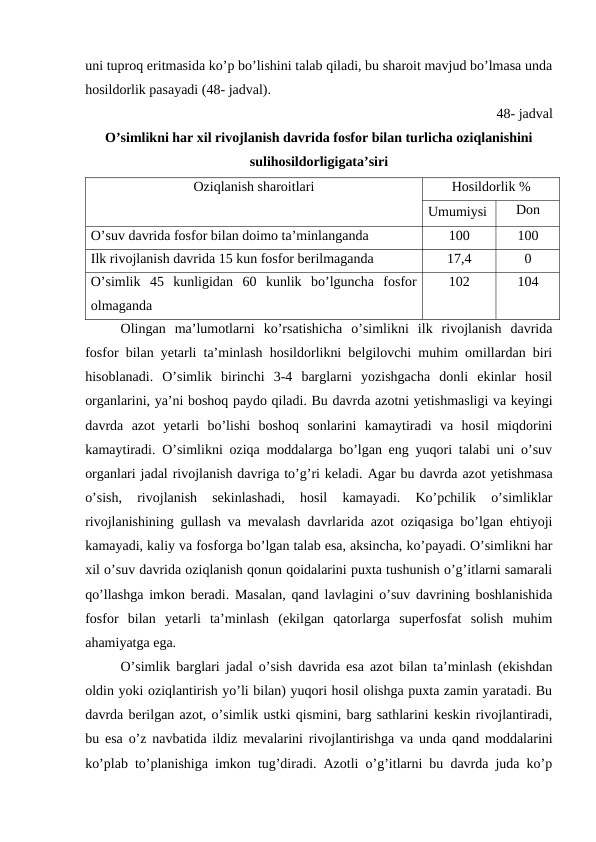 uni tuproq eritmasida ko’p bo’lishini talab qiladi, bu sharoit mavjud bo’lmasa unda
hosildorlik pasayadi (48- jadval).
48- jadval
O’simlikni har xil rivojlanish davrida fosfor bilan turlicha oziqlanishini 
sulihosildorligigata’siri
Oziqlanish sharoitlari
Hosildorlik %
Umumiysi
Don
O’suv davrida fosfor bilan doimo ta’minlanganda
100
100
Ilk rivojlanish davrida 15 kun fosfor berilmaganda 
17,4
0
O’simlik  45  kunligidan  60  kunlik  bo’lguncha  fosfor
olmaganda 
102
104
Olingan  ma’lumotlarni  ko’rsatishicha  o’simlikni  ilk  rivojlanish  davrida
fosfor bilan yetarli ta’minlash hosildorlikni belgilovchi muhim omillardan biri
hisoblanadi.  O’simlik  birinchi  3-4  barglarni  yozishgacha  donli  ekinlar  hosil
organlarini, ya’ni boshoq paydo qiladi. Bu davrda azotni yetishmasligi va keyingi
davrda  azot  yetarli  bo’lishi  boshoq  sonlarini  kamaytiradi  va  hosil  miqdorini
kamaytiradi. O’simlikni oziqa moddalarga bo’lgan eng yuqori talabi uni o’suv
organlari jadal rivojlanish davriga to’g’ri keladi. Agar bu davrda azot yetishmasa
o’sish,  rivojlanish  sekinlashadi,  hosil  kamayadi.  Ko’pchilik  o’simliklar
rivojlanishining gullash va mevalash davrlarida azot oziqasiga bo’lgan ehtiyoji
kamayadi, kaliy va fosforga bo’lgan talab esa, aksincha, ko’payadi. O’simlikni har
xil o’suv davrida oziqlanish qonun qoidalarini puxta tushunish o’g’itlarni samarali
qo’llashga imkon beradi. Masalan, qand lavlagini o’suv davrining boshlanishida
fosfor  bilan  yetarli  ta’minlash  (ekilgan  qatorlarga  superfosfat  solish  muhim
ahamiyatga ega.
O’simlik barglari jadal o’sish davrida esa azot bilan ta’minlash (ekishdan
oldin yoki oziqlantirish yo’li bilan) yuqori hosil olishga puxta zamin yaratadi. Bu
davrda berilgan azot, o’simlik ustki qismini, barg sathlarini keskin rivojlantiradi,
bu esa o’z navbatida ildiz mevalarini rivojlantirishga va unda qand moddalarini
ko’plab to’planishiga imkon tug’diradi. Azotli o’g’itlarni bu davrda juda ko’p
