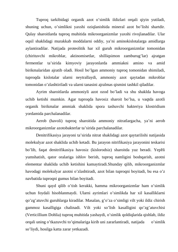 Tuproq  tarkibidagi  organik  azot  o’simlik  ildizlari  orqali  qiyin  yutiladi,
shuning uchun, o’simlikni  yaxshi  oziqlanishida mineral  azot  bo’lishi  shartdir.
Qulay sharoitlarda tuproq muhitida mikroorganizmlar yaxshi rivojlanadilar. Ular
oqsil shaklidagi murakkab moddalarni oddiy, ya’ni aminokislotalarga amidlarga
aylantiradilar.  Natijada  proteolitik  har  xil  guruh  mikroorganizmlar  tomonidan
(chirituvchi  mikroblar,  aktinomisetlar,  shilliqsimon  zamburug’lar)  ajratgan
fermentlar  ta’sirida  kimyoviy  jarayonlarda  ammiakni  amino  va  amid
birikmalaridan ajratib oladi. Hosil bo’lgan ammoniy tuproq tomonidan shimiladi,
tuproqda  kislotalar  ularni  neytrallaydi,  ammoniy  azot  qaytadan  mikroblar
tomonidan o’zlashtiriladi va ularni tanasini ajralmas qismini tashkil qiladilar.
Ayrim sharoitlarda ammoniyli azot ozod bo’ladi va shu shaklda havoga
uchib ketishi  mumkin. Agar  tuproqda  havosiz sharoit  bo’lsa,  u vaqtda azotli
organik  birikmalar  ammiak  shaklida  spora  tashuvchi  bakteriya  klostridium
yordamida parchalanadilar.
Aerob  (havoli)  tuproq  sharoitida  ammoniy  nitratlargacha,  ya’ni  aerob
mikroorganizmlar azotobakterlar ta’sirida parchalanadilar.
Denitrifikasiya jarayoni ta’sirida nitrat shaklidagi azot qaytarilishi natijasida
molekulyar azot shaklida uchib ketadi. Bu jarayon nitrifikasiya jarayonini teskarisi
bo’lib, faqat  denitrifikasiya havosiz (kislorodsiz)  sharoitda yuz beradi. YepHi
yumshatish, qator oralariga ishlov berish, tuproq namligini boshqarish, azotni
elementar shaklida uchib ketishini kamaytiradi.Shunday qilib, mikroorganizmlar
havodagi molekulyar azotni o’zlashtiradi, azot bilan tuproqni boyitadi, bu esa o’z
navbatida tuproqni gumus bilan boyitadi.
Shuni qayd qilib o’tish kerakki, hamma mikroorganizmlar ham o’simlik
uchun foydali hisoblanmaydi. Ularni ayrimlari o’simlikda har xil kasalliklarni
qo’zg’atuvchi guruhlarga kiradilar. Masalan, g’o’za o’simligi vilt yoki ildiz chirish
gammoz  kasalligiga  chalinadi.  Vilt  yoki  so’lish  kasalligini  qo’zg’atuvchisi
(Verticillium Dohlia) tuproq muhitida yashaydi, o’simlik qoldiqlarida qishlab, ildiz
orqali uning o’tkazuvchi to’qimalariga kirib uni zararlantiradi, natijada  o’simlik
so’liydi, hosilga katta zarar yetkazadi. 
