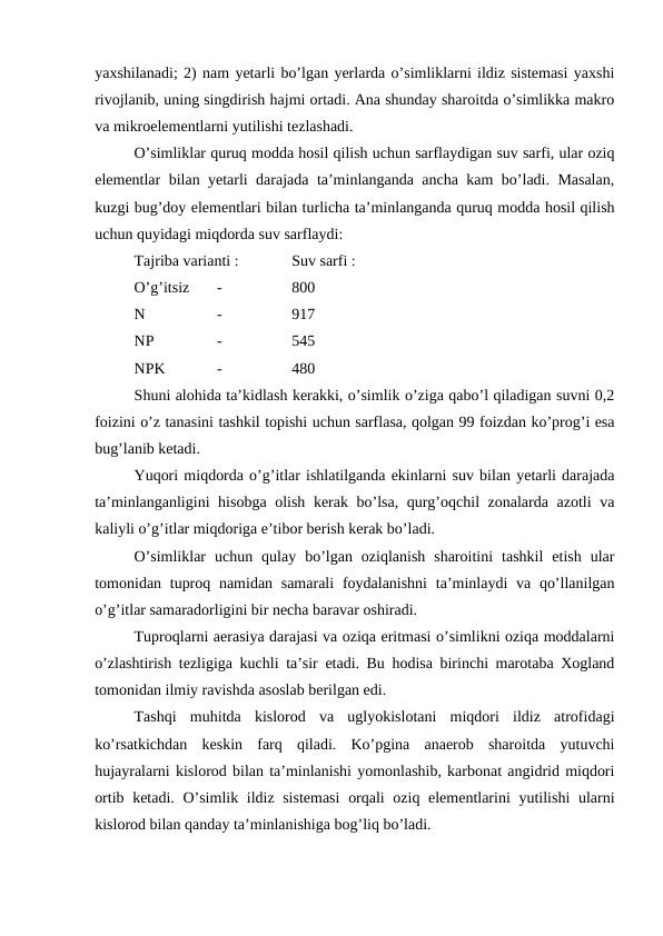 yaxshilanadi; 2) nam yetarli bo’lgan yerlarda o’simliklarni ildiz sistemasi yaxshi
rivojlanib, uning singdirish hajmi ortadi. Ana shunday sharoitda o’simlikka makro
va mikroelementlarni yutilishi tezlashadi.
O’simliklar quruq modda hosil qilish uchun sarflaydigan suv sarfi, ular oziq
elementlar bilan yetarli darajada ta’minlanganda ancha kam bo’ladi. Masalan,
kuzgi bug’doy elementlari bilan turlicha ta’minlanganda quruq modda hosil qilish
uchun quyidagi miqdorda suv sarflaydi:
Tajriba varianti :
Suv sarfi :
O’g’itsiz
 -
800
N
 -
917
NP
 -
545
NPK
 -
480
Shuni alohida ta’kidlash kerakki, o’simlik o’ziga qabo’l qiladigan suvni 0,2
foizini o’z tanasini tashkil topishi uchun sarflasa, qolgan 99 foizdan ko’prog’i esa
bug’lanib ketadi.
Yuqori miqdorda o’g’itlar ishlatilganda ekinlarni suv bilan yetarli darajada
ta’minlanganligini hisobga olish kerak bo’lsa, qurg’oqchil zonalarda azotli va
kaliyli o’g’itlar miqdoriga e’tibor berish kerak bo’ladi.
O’simliklar  uchun  qulay  bo’lgan  oziqlanish  sharoitini  tashkil  etish  ular
tomonidan tuproq namidan samarali  foydalanishni  ta’minlaydi  va  qo’llanilgan
o’g’itlar samaradorligini bir necha baravar oshiradi.
Tuproqlarni aerasiya darajasi va oziqa eritmasi o’simlikni oziqa moddalarni
o’zlashtirish tezligiga kuchli ta’sir etadi. Bu hodisa birinchi marotaba Xogland
tomonidan ilmiy ravishda asoslab berilgan edi.
Tashqi  muhitda  kislorod  va  uglyokislotani  miqdori  ildiz  atrofidagi
ko’rsatkichdan  keskin  farq  qiladi.  Ko’pgina  anaerob  sharoitda  yutuvchi
hujayralarni kislorod bilan ta’minlanishi yomonlashib, karbonat angidrid miqdori
ortib ketadi. O’simlik ildiz sistemasi  orqali  oziq elementlarini  yutilishi  ularni
kislorod bilan qanday ta’minlanishiga bog’liq bo’ladi.
