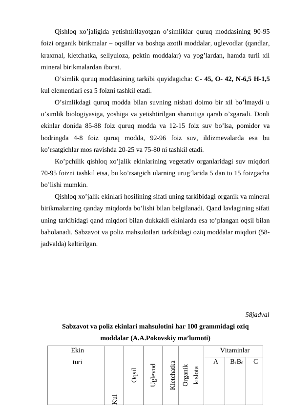 Qishloq xo’jaligida yetishtirilayotgan o’simliklar quruq moddasining 90-95
foizi organik birikmalar – oqsillar va boshqa azotli moddalar, uglevodlar (qandlar,
kraxmal, kletchatka, sellyuloza, pektin moddalar) va yog’lardan, hamda turli xil
mineral birikmalardan iborat.
O’simlik quruq moddasining tarkibi quyidagicha: C- 45, O- 42, N-6,5 H-1,5
kul elementlari esa 5 foizni tashkil etadi.
O’simlikdagi quruq modda bilan suvning nisbati doimo bir xil bo’lmaydi u
o’simlik biologiyasiga, yoshiga va yetishtirilgan sharoitiga qarab o’zgaradi. Donli
ekinlar donida 85-88 foiz quruq modda va 12-15 foiz suv bo’lsa, pomidor va
bodringda  4-8  foiz  quruq  modda,  92-96  foiz  suv,  ildizmevalarda  esa  bu
ko’rsatgichlar mos ravishda 20-25 va 75-80 ni tashkil etadi.
Ko’pchilik qishloq xo’jalik ekinlarining vegetativ organlaridagi suv miqdori
70-95 foizni tashkil etsa, bu ko’rsatgich ularning urug’larida 5 dan to 15 foizgacha
bo’lishi mumkin. 
Qishloq xo’jalik ekinlari hosilining sifati uning tarkibidagi organik va mineral
birikmalarning qanday miqdorda bo’lishi bilan belgilanadi. Qand lavlagining sifati
uning tarkibidagi qand miqdori bilan dukkakli ekinlarda esa to’plangan oqsil bilan
baholanadi. Sabzavot va poliz mahsulotlari tarkibidagi oziq moddalar miqdori (58-
jadvalda) keltirilgan.
58jadval
Sabzavot va poliz ekinlari mahsulotini har 100 grammidagi oziq 
moddalar (A.A.Pokovskiy ma’lumoti)
Ekin
turi
Kul
Oqsil
Uglevod
Kletchatka
Organik
kislota
Vitaminlar
A
B1B6
C
