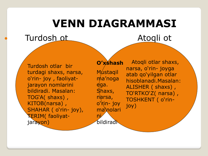 VENN DIAGRAMMASI

Turdosh ot
Atoqli ot
Turdosh otlar  bir 
turdagi shaxs, narsa, 
o‘rin- joy , faoliyat-
jarayon nomlarini 
bildiradi. Masalan: 
TOG‘A( shaxs) , 
KITOB(narsa) , 
SHAHAR ( o‘rin- joy), 
TERIM( faoliyat-
jarayon) 
Atoqli otlar shaxs, 
narsa, o‘rin- joyga 
atab qo‘yilgan otlar 
hisoblanadi.Masalan: 
ALISHER ( shaxs) , 
TO‘RTKO‘Z( narsa) ,          
TOSHKENT ( o‘rin-
joy)
O’xshash
Mustaqil 
ma’noga 
ega. 
Shaxs, 
narsa, 
o‘rin- joy 
ma‘nolari
ni 
bildiradi
