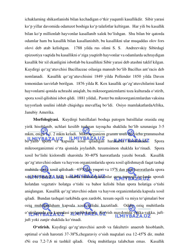  
 
ichaklarning shikastlanishi bilan kechadigan o‘tkir yuqumli kasallikdir.  Sibir yarasi 
ko‘p yillar davomida odamzot boshiga ko‘p talafotlar keltirgan.  Har yili bu kasallik 
bilan ko‘p millionlab hayvonlar kasallanib xalok bo‘lishgan.  Shu bilan bir qatorda 
odamlar ham bu kasallik bilan kasallanishib, bu kasallikni ular muqaddas olov fors 
olovi deb atab kelishgan.  1788 yilda rus olimi S. S.  Andreevskiy Sibirdagi 
epizootiya vaqtida bu kasallikni o‘ziga yuqtirib hayvonlar va odamlarda uchraydigan 
kasallik bir xil ekanligini isbotlab bu kasallikni Sibir yarasi deb atashni taklif kilgan.  
Kuydirgi qo‘zg‘atuvchisi Bacillaceae oilasiga mansub bo‘lib Bacillus ant’racis deb 
nomlanadi.  Kasallik qo‘zg‘atuvchisini 1849 yilda Pollender 1850 yilda Daven 
tomonidan tasvirlab berilgan.  1876 yilda R. Kox kasallik qo‘zg‘atuvchilarini kasal 
hayvonlarni qonida uchrashi aniqlab, bu mikroorganizmlarni toza kulturada o‘stirib, 
spora xosil qilishini isbot qildi.  1881 yildaL. Paster bu mikroorganizmlardan vaksina 
tayyorlash usulini ishlab chiqishga muvaffaq bo‘ldi.  Osiyo mamlakatlardaAfrika, 
Janubiy Amerika.  
Morfologiyasi.  Kuydirgi batsillalari boshqa patogen batsillalar orasida eng 
yirik hisoblanib, uchlari kesilib tushgan tayoqcha shaklida bo‘lib uzunasiga 3-5 
mkm, eniga 1-1. 2 mkm keladi.  Mikroorganizm gramm usuli bo‘yicha grammusbat 
bo‘yalib spora va kapsula xosil qiladigan harakatsiz hisoblanadi.  Spora 
mikroorganizmni o‘rta qismida joylashib, tuxumsimon shaklda ko‘rinadi.  Spora 
xosil bo‘lishi kislorodli sharoitda 30-400S haroratlarda yaxshi boradi.  Kasallik 
qo‘zg‘atuvchisi odam va hayvon organizmlarida spora xosil qilishmaydi faqat tashqi 
muhitda spora xosil qilishadi.  430S dan yuqori va 150S dan past haroratlarda spora 
xosil bo‘lmaydi.  Issiq kunlarda mikroorganizmlar qora tuproqli joylarda sporali 
holatdan vegetativ holatga o‘tishi va bahor kelishi bilan spora holatiga o‘tishi 
aniqlangan.  Kasallik qo‘zg‘atuvchisi odam va hayvon organizmlarida kapsula xosil 
qiladi.  Bundan tashqari tarkibida qon zardobi, tuxum oqsili va miya to‘qimalari bor 
oziq muhitlardaham kapsula xosil qilishi kuzatiladi.  Oddiy oziq muhitlarda 
o‘stirilganda esa kapsulasi yo‘qolib ketadi.  Ko‘rish maydonida yakka-yakka, juft-
juft yoki zanjir shaklida ko‘rinadi.  
O‘stirish. Kuydirgi qo‘zg‘atuvchisi aerob va fakultetiv anaerob hisoblanib, 
optimal o‘sish harorati 37-380S,chegaraviy o‘sish nuqtalari esa 12-450S dir, muhit 
rNi esa 7,2-7,6 ni tashkil qiladi.  Oziq muhitlarga talabchan emas.  Kasallik 
