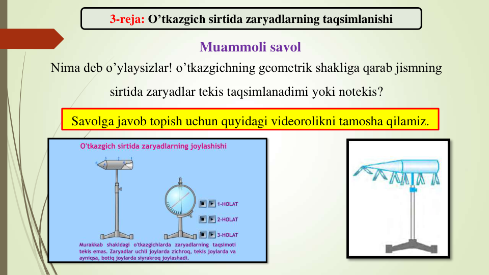 Savolga javob topish uchun quyidagi videorolikni tamosha qilamiz. 
3-reja: O’tkazgich sirtida zaryadlarning taqsimlanishi
Nima deb o’ylaysizlar! o’tkazgichning geometrik shakliga qarab jismning 
sirtida zaryadlar tekis taqsimlanadimi yoki notekis?
Muammoli savol
