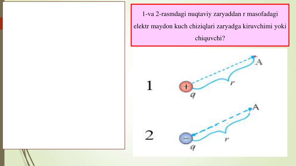 1-va 2-rasmdagi nuqtaviy zaryaddan r masofadagi
elektr maydon kuch chiziqlari zaryadga kiruvchimi yoki
chiquvchi?
1
2
