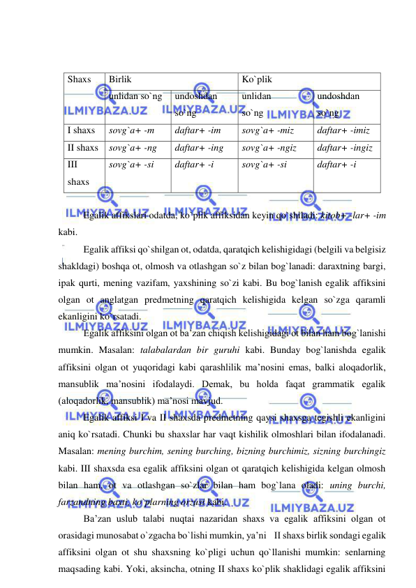  
 
 
 
Shaxs 
Birlik 
Ko`plik 
unlidan so`ng 
undoshdan 
so`ng 
unlidan  
so`ng 
undoshdan  
so`ng 
I shaxs 
sovg`a+ -m 
daftar+ -im 
sovg`a+ -miz 
daftar+ -imiz 
II shaxs 
sovg`a+ -ng 
daftar+ -ing 
sovg`a+ -ngiz 
daftar+ -ingiz 
III 
shaxs 
sovg`a+ -si 
daftar+ -i 
sovg`a+ -si 
daftar+ -i 
 
Egalik affikslari odatda, ko`plik affiksidan keyin qo`shiladi: kitob+ -lar+ -im 
kabi. 
Egalik affiksi qo`shilgan ot, odatda, qaratqich kelishigidagi (belgili va belgisiz 
shakldagi) boshqa ot, olmosh va otlashgan so`z bilan bog`lanadi: daraxtning bargi, 
ipak qurti, mening vazifam, yaxshining so`zi kabi. Bu bog`lanish egalik affiksini 
olgan ot anglatgan predmetning qaratqich kelishigida kelgan so`zga qaramli 
ekanligini ko`rsatadi. 
Egalik affiksini olgan ot ba’zan chiqish kelishigidagi ot bilan ham bog`lanishi 
mumkin. Masalan: talabalardan bir guruhi kabi. Bunday bog`lanishda egalik 
affiksini olgan ot yuqoridagi kabi qarashlilik ma’nosini emas, balki aloqadorlik, 
mansublik ma’nosini ifodalaydi. Demak, bu holda faqat grammatik egalik 
(aloqadorlik, mansublik) ma’nosi mavjud. 
Egalik affiksi I va II shaxsda predmetning qaysi shaxsga tegishli ekanligini 
aniq ko`rsatadi. Chunki bu shaxslar har vaqt kishilik olmoshlari bilan ifodalanadi. 
Masalan: mening burchim, sening burching, bizning burchimiz, sizning burchingiz 
kabi. III shaxsda esa egalik affiksini olgan ot qaratqich kelishigida kelgan olmosh 
bilan ham, ot va otlashgan so`zlar bilan ham bog`lana oladi: uning burchi, 
farzandning baxti, ko`plarning orzusi kabi. 
Ba’zan uslub talabi nuqtai nazaridan shaxs va egalik affiksini olgan ot 
orasidagi munosabat o`zgacha bo`lishi mumkin, ya’ni    II shaxs birlik sondagi egalik 
affiksini olgan ot shu shaxsning ko`pligi uchun qo`llanishi mumkin: senlarning 
maqsading kabi. Yoki, aksincha, otning II shaxs ko`plik shaklidagi egalik affiksini 
