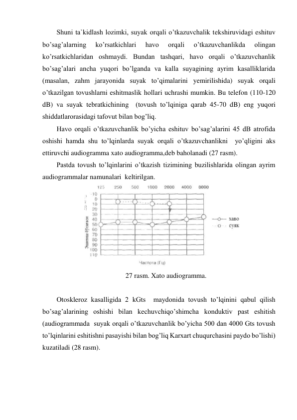 Shuni ta`kidlash lozimki, suyak orqali o’tkazuvchalik tekshiruvidagi eshituv 
bo’sag’alarning 
ko’rsatkichlari 
havo 
orqali 
o’tkazuvchanlikda 
olingan 
ko’rsatkichlaridan oshmaydi. Bundan tashqari, havo orqali o’tkazuvchanlik 
bo’sag’alari ancha yuqori bo’lganda va kalla suyagining ayrim kasalliklarida 
(masalan, zahm jarayonida suyak to’qimalarini yemirilishida) suyak orqali 
o’tkazilgan tovushlarni eshitmaslik hollari uchrashi mumkin. Bu telefon (110-120 
dB) va suyak tebratkichining  (tovush to’lqiniga qarab 45-70 dB) eng yuqori 
shiddatlarorasidagi tafovut bilan bog’liq. 
Havo orqali o’tkazuvchanlik bo’yicha eshituv bo’sag’alarini 45 dB atrofida 
oshishi hamda shu to’lqinlarda suyak orqali o’tkazuvchanlikni  yo’qligini aks 
ettiruvchi audiogramma xato audiogramma,deb baholanadi (27 rasm). 
Pastda tovush to’lqinlarini o’tkazish tizimining buzilishlarida olingan ayrim 
audiogrammalar namunalari  keltirilgan. 
 
27 rasm. Xato audiogramma. 
 
Otoskleroz kasalligida 2 kGts  maydonida tovush to’lqinini qabul qilish 
bo’sag’alarining oshishi bilan kechuvchiqo’shimcha konduktiv past eshitish  
(audiogrammada  suyak orqali o’tkazuvchanlik bo’yicha 500 dan 4000 Gts tovush 
to’lqinlarini eshitishni pasayishi bilan bog’liq Karxart chuqurchasini paydo bo’lishi) 
kuzatiladi (28 rasm). 
