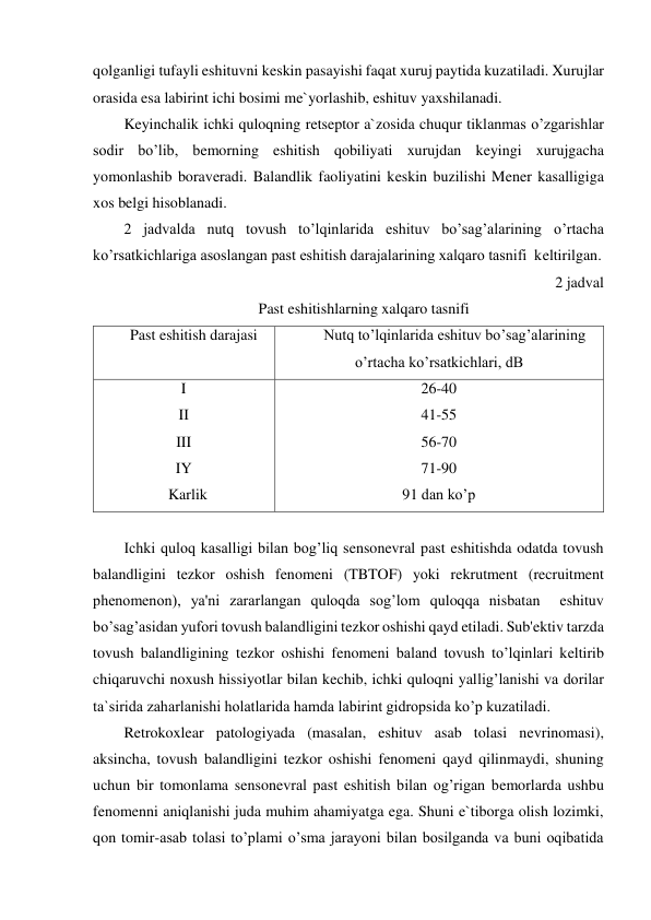 qolganligi tufayli eshituvni keskin pasayishi faqat xuruj paytida kuzatiladi. Xurujlar 
orasida esa labirint ichi bosimi me`yorlashib, eshituv yaxshilanadi. 
Keyinchalik ichki quloqning retseptor a`zosida chuqur tiklanmas o’zgarishlar 
sodir bo’lib, bemorning eshitish qobiliyati xurujdan keyingi xurujgacha 
yomonlashib boraveradi. Balandlik faoliyatini keskin buzilishi Mener kasalligiga 
xos belgi hisoblanadi. 
2 jadvalda nutq tovush to’lqinlarida eshituv bo’sag’alarining o’rtacha 
ko’rsatkichlariga asoslangan past eshitish darajalarining xalqaro tasnifi  keltirilgan.  
2 jadval 
Past eshitishlarning xalqaro tasnifi 
Past eshitish darajasi 
 
Nutq to’lqinlarida eshituv bo’sag’alarining 
o’rtacha ko’rsatkichlari, dB 
I 
II 
III 
IY 
          Karlik 
26-40 
41-55 
56-70 
71-90 
91 dan ko’p 
 
Ichki quloq kasalligi bilan bog’liq sensonevral past eshitishda odatda tovush 
balandligini tezkor oshish fenomeni (TBTOF) yoki rekrutment (recruitment 
phenomenon), ya'ni zararlangan quloqda sog’lom quloqqa nisbatan  eshituv 
bo’sag’asidan yufori tovush balandligini tezkor oshishi qayd etiladi. Sub'ektiv tarzda 
tovush balandligining tezkor oshishi fenomeni baland tovush to’lqinlari keltirib 
chiqaruvchi noxush hissiyotlar bilan kechib, ichki quloqni yallig’lanishi va dorilar  
ta`sirida zaharlanishi holatlarida hamda labirint gidropsida ko’p kuzatiladi. 
Retrokoxlear patologiyada (masalan, eshituv asab tolasi nevrinomasi), 
aksincha, tovush balandligini tezkor oshishi fenomeni qayd qilinmaydi, shuning 
uchun bir tomonlama sensonevral past eshitish bilan og’rigan bemorlarda ushbu 
fenomenni aniqlanishi juda muhim ahamiyatga ega. Shuni e`tiborga olish lozimki, 
qon tomir-asab tolasi to’plami o’sma jarayoni bilan bosilganda va buni oqibatida 
