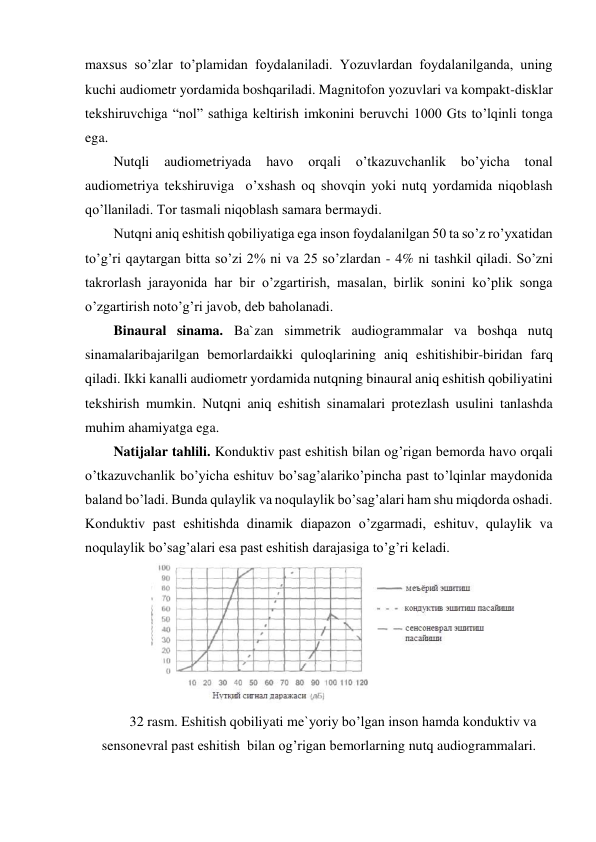 maxsus so’zlar to’plamidan foydalaniladi. Yozuvlardan foydalanilganda, uning 
kuchi audiometr yordamida boshqariladi. Magnitofon yozuvlari va kompakt-disklar 
tekshiruvchiga “nol” sathiga keltirish imkonini beruvchi 1000 Gts to’lqinli tonga 
ega. 
Nutqli 
audiometriyada 
havo 
orqali 
o’tkazuvchanlik bo’yicha 
tonal 
audiometriya tekshiruviga  o’xshash oq shovqin yoki nutq yordamida niqoblash 
qo’llaniladi. Tor tasmali niqoblash samara bermaydi. 
Nutqni aniq eshitish qobiliyatiga ega inson foydalanilgan 50 ta so’z ro’yxatidan 
to’g’ri qaytargan bitta so’zi 2% ni va 25 so’zlardan - 4% ni tashkil qiladi. So’zni 
takrorlash jarayonida har bir o’zgartirish, masalan, birlik sonini ko’plik songa 
o’zgartirish noto’g’ri javob, deb baholanadi. 
Binaural sinama. Ba`zan simmetrik audiogrammalar va boshqa nutq 
sinamalaribajarilgan bemorlardaikki quloqlarining aniq eshitishibir-biridan farq 
qiladi. Ikki kanalli audiometr yordamida nutqning binaural aniq eshitish qobiliyatini 
tekshirish mumkin. Nutqni aniq eshitish sinamalari protezlash usulini tanlashda 
muhim ahamiyatga ega. 
Natijalar tahlili. Konduktiv past eshitish bilan og’rigan bemorda havo orqali 
o’tkazuvchanlik bo’yicha eshituv bo’sag’alariko’pincha past to’lqinlar maydonida 
baland bo’ladi. Bunda qulaylik va noqulaylik bo’sag’alari ham shu miqdorda oshadi. 
Konduktiv past eshitishda dinamik diapazon o’zgarmadi, eshituv, qulaylik va 
noqulaylik bo’sag’alari esa past eshitish darajasiga to’g’ri keladi. 
 
32 rasm. Eshitish qobiliyati me`yoriy bo’lgan inson hamda konduktiv va 
sensonevral past eshitish  bilan og’rigan bemorlarning nutq audiogrammalari. 
 
