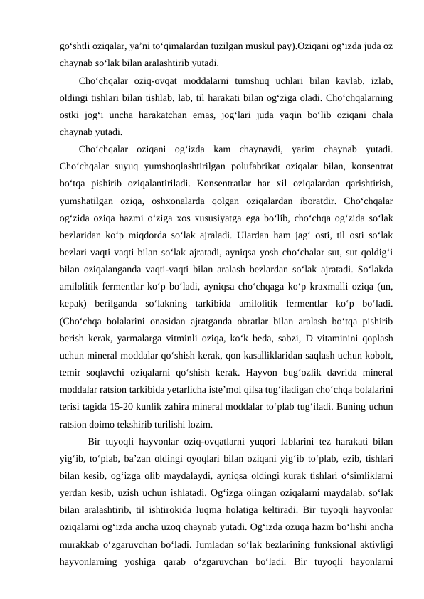 go‘shtli oziqalar, ya’ni to‘qimalardan tuzilgan muskul pay).Oziqani og‘izda juda oz
chaynab so‘lak bilan aralashtirib yutadi.
Cho‘chqalar  oziq-ovqat  moddalarni  tumshuq  uchlari  bilan  kavlab,  izlab,
oldingi tishlari bilan tishlab, lab, til harakati bilan og‘ziga oladi. Cho‘chqalarning
ostki  jog‘i  uncha  harakatchan  emas,  jog‘lari  juda  yaqin  bo‘lib  oziqani  chala
chaynab yutadi. 
Cho‘chqalar  oziqani  og‘izda  kam  chaynaydi,  yarim  chaynab  yutadi.
Cho‘chqalar  suyuq  yumshoqlashtirilgan  polufabrikat  oziqalar  bilan,  konsentrat
bo‘tqa  pishirib  oziqalantiriladi.  Konsentratlar  har  xil  oziqalardan  qarishtirish,
yumshatilgan  oziqa,  oshxonalarda  qolgan  oziqalardan  iboratdir.  Cho‘chqalar
og‘zida oziqa hazmi o‘ziga xos xususiyatga  ega bo‘lib, cho‘chqa og‘zida so‘lak
bezlaridan ko‘p miqdorda so‘lak ajraladi. Ulardan ham jag‘ osti, til osti so‘lak
bezlari vaqti vaqti bilan so‘lak ajratadi, ayniqsa yosh cho‘chalar sut, sut qoldig‘i
bilan oziqalanganda vaqti-vaqti bilan aralash bezlardan so‘lak ajratadi. So‘lakda
amilolitik fermentlar ko‘p bo‘ladi, ayniqsa cho‘chqaga ko‘p kraxmalli oziqa (un,
kepak)  berilganda  so‘lakning  tarkibida  amilolitik  fermentlar  ko‘p  bo‘ladi.
(Cho‘chqa bolalarini onasidan ajratganda obratlar bilan aralash bo‘tqa pishirib
berish kerak, yarmalarga vitminli oziqa, ko‘k beda, sabzi,  D  vitaminini qoplash
uchun mineral moddalar qo‘shish kerak, qon kasalliklaridan saqlash uchun kobolt,
temir soqlavchi  oziqalarni  qo‘shish  kerak.  Hayvon  bug‘ozlik  davrida  mineral
moddalar ratsion tarkibida yetarlicha iste’mol qilsa tug‘iladigan cho‘chqa bolalarini
terisi tagida 15-20 kunlik zahira mineral moddalar to‘plab tug‘iladi. Buning uchun
ratsion doimo tekshirib turilishi lozim.
Bir tuyoqli hayvonlar oziq-ovqatlarni yuqori lablarini tez harakati bilan
yig‘ib, to‘plab, ba’zan oldingi oyoqlari bilan oziqani yig‘ib to‘plab, ezib, tishlari
bilan kesib, og‘izga olib maydalaydi, ayniqsa oldingi kurak tishlari o‘simliklarni
yerdan kesib, uzish uchun ishlatadi. Og‘izga olingan oziqalarni maydalab, so‘lak
bilan aralashtirib, til ishtirokida luqma holatiga keltiradi. Bir tuyoqli hayvonlar
oziqalarni og‘izda ancha uzoq chaynab yutadi. Og‘izda ozuqa hazm bo‘lishi ancha
murakkab o‘zgaruvchan bo‘ladi. Jumladan so‘lak bezlarining funksional aktivligi
hayvonlarning  yoshiga  qarab  o‘zgaruvchan  bo‘ladi.  Bir  tuyoqli  hayonlarni
