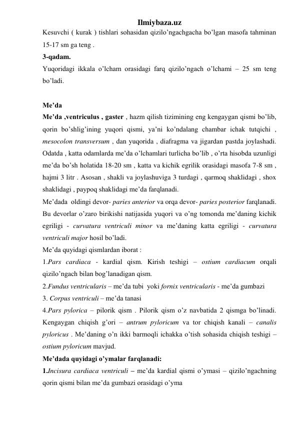 Ilmiybaza.uz 
Kesuvchi ( kurak ) tishlari sohasidan qizilo’ngachgacha bo’lgan masofa tahminan 
15-17 sm ga teng . 
3-qadam. 
Yuqoridagi ikkala o’lcham orasidagi farq qizilo’ngach o’lchami – 25 sm teng 
bo’ladi. 
 
Me’da 
Me’da ,ventriculus , gaster , hazm qilish tizimining eng kengaygan qismi bo’lib, 
qorin bo’shlig’ining yuqori qismi, ya’ni ko’ndalang chambar ichak tutqichi , 
mesocolon transversum , dan yuqorida , diafragma va jigardan pastda joylashadi. 
Odatda , katta odamlarda me’da o’lchamlari turlicha bo’lib , o’rta hisobda uzunligi 
me’da bo’sh holatida 18-20 sm , katta va kichik egrilik orasidagi masofa 7-8 sm , 
hajmi 3 litr . Asosan , shakli va joylashuviga 3 turdagi , qarmoq shaklidagi , shox 
shaklidagi , paypoq shaklidagi me’da farqlanadi.  
Me’dada  oldingi devor- paries anterior va orqa devor- paries posterior farqlanadi. 
Bu devorlar o’zaro birikishi natijasida yuqori va o’ng tomonda me’daning kichik 
egriligi - curvatura ventriculi minor va me’daning katta egriligi - curvatura 
ventriculi major hosil bo’ladi. 
Me’da quyidagi qismlardan iborat : 
1.Pars cardiaca - kardial qism. Kirish teshigi – ostium cardiacum orqali 
qizilo’ngach bilan bog’lanadigan qism. 
2.Fundus ventricularis – me’da tubi  yoki fornix ventricularis - me’da gumbazi 
3. Corpus ventriculi – me’da tanasi 
4.Pars pylorica – pilorik qism . Pilorik qism o’z navbatida 2 qismga bo’linadi. 
Kengaygan chiqish g’ori – antrum pyloricum va tor chiqish kanali – canalis 
pyloricus . Me’daning o’n ikki barmoqli ichakka o’tish sohasida chiqish teshigi – 
ostium pyloricum mavjud. 
Me’dada quyidagi o’ymalar farqlanadi: 
1.Incisura cardiaca ventriculi – me’da kardial qismi o’ymasi – qizilo’ngachning 
qorin qismi bilan me’da gumbazi orasidagi o’yma 
