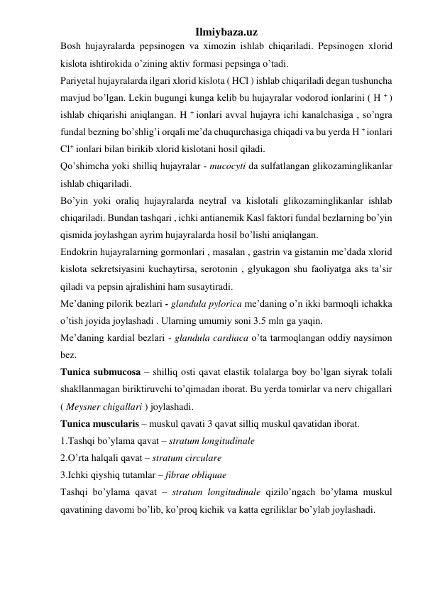 Ilmiybaza.uz 
Bosh hujayralarda pepsinogen va ximozin ishlab chiqariladi. Pepsinogen xlorid 
kislota ishtirokida o’zining aktiv formasi pepsinga o’tadi.  
Pariyetal hujayralarda ilgari xlorid kislota ( HCl ) ishlab chiqariladi degan tushuncha 
mavjud bo’lgan. Lekin bugungi kunga kelib bu hujayralar vodorod ionlarini ( H + ) 
ishlab chiqarishi aniqlangan. H + ionlari avval hujayra ichi kanalchasiga , so’ngra 
fundal bezning bo’shlig’i orqali me’da chuqurchasiga chiqadi va bu yerda H + ionlari 
Cl+ ionlari bilan birikib xlorid kislotani hosil qiladi. 
Qo’shimcha yoki shilliq hujayralar - mucocyti da sulfatlangan glikozaminglikanlar 
ishlab chiqariladi.  
Bo’yin yoki oraliq hujayralarda neytral va kislotali glikozaminglikanlar ishlab 
chiqariladi. Bundan tashqari , ichki antianemik Kasl faktori fundal bezlarning bo’yin 
qismida joylashgan ayrim hujayralarda hosil bo’lishi aniqlangan. 
Endokrin hujayralarning gormonlari , masalan , gastrin va gistamin me’dada xlorid 
kislota sekretsiyasini kuchaytirsa, serotonin , glyukagon shu faoliyatga aks ta’sir 
qiladi va pepsin ajralishini ham susaytiradi. 
Me’daning pilorik bezlari - glandula pylorica me’daning o’n ikki barmoqli ichakka 
o’tish joyida joylashadi . Ularning umumiy soni 3.5 mln ga yaqin. 
Me’daning kardial bezlari - glandula cardiaca o’ta tarmoqlangan oddiy naysimon 
bez. 
Tunica submucosa – shilliq osti qavat elastik tolalarga boy bo’lgan siyrak tolali 
shakllanmagan biriktiruvchi to’qimadan iborat. Bu yerda tomirlar va nerv chigallari 
( Meysner chigallari ) joylashadi. 
Tunica muscularis – muskul qavati 3 qavat silliq muskul qavatidan iborat. 
1.Tashqi bo’ylama qavat – stratum longitudinale 
2.O’rta halqali qavat – stratum circulare 
3.Ichki qiyshiq tutamlar – fibrae obliquae  
Tashqi bo’ylama qavat – stratum longitudinale qizilo’ngach bo’ylama muskul 
qavatining davomi bo’lib, ko’proq kichik va katta egriliklar bo’ylab joylashadi. 
