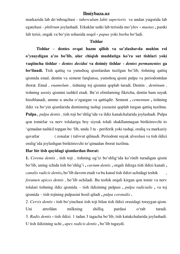 Ilmiybaza.uz 
markazida lab do’mboqchasi - tuberculum labii superioris  va undan yuqorida lab 
egatchasi - philtrum joylashadi. Erkaklar ustki lab terisida mo’ylov - mustax , pastki 
lab terisi, engak va bo‘yin sohasida soqol - papus yoki barba bo‘ladi. 
Tishlar 
Tishlar – dentes ovqat hazm qilish va so’zlashuvda muhim rol 
o’ynaydigan a’zo bo’lib, ular chiqish muddatiga ko’ra sut tishlari yoki 
vaqtincha tishlar - dentes decidui va doimiy tishlar - dentes permanentes ga 
bo‘linadi. Tish qattiq va yumshoq qismlardan tuzilgan bo’lib, tishning qattiq 
qismida emal, dentin va sement farqlansa, yumshoq qismi pulpa va periodontdan 
iborat. Emal , enamelum , tishning toj qismini qoplab turadi. Dentin , dentinum , 
tishning asosiy qismini tashkil etadi. Ba’zi olimlarning fikricha, dentin ham suyak 
hisoblanadi, ammo u ancha o‘zgargan va qattiqdir. Sement , cementum , tishning 
ildiz va bo‘yin qismlarida dentinning tashqi yuzasini qoplab turgan qattiq tuzilma. 
Pulpa , pulpa dentis , tish toji bo‘shlig‘ida va ildiz kanalchalarida joylashadi. Pulpa 
qon tomirlar va nerv tolalariga boy siyrak tolali shakllanmagan biriktiruvchi to 
‘qimadan tashkil topgan bo ‘lib, unda 3 ta - periferik yoki tashqi, oraliq va markaziy 
qavatlar              ( zonalar ) tafovut qilinadi. Periodont suyak alveolasi va tish ildizi 
oralig‘ida joylashgan biriktiruvchi to‘qimadan iborat tuzilma. 
Har bir tish quyidagi qismlardan iborat: 
1. Corona dentis , tish toji , tishning og‘iz bo‘shlig‘ida ko’rinib turadigan qismi 
bo‘lib, uning ichida tish bo’shlig’i , cavium dentis , orqali ildizga tish ildizi kanali , 
canalis radicis dentis, bo’lib davom etadi va bu kanal tish ildizi uchidagi teshik         , 
foramen apices dentis , bo’lib ochiladi. Bu teshik orqali kirgan qon tomir va nerv 
tolalari tishning ildiz qismida – tish ildizining pulpasi , pulpa radicialis , va toj 
qismida – tish tojining pulpasini hosil qiladi , pulpa coronalis . 
2. Cervix dentis - tish bo‘yinchasi tish toji bilan tish ildizi orasidagi toraygan qism. 
Uni 
atrofdan 
milkning 
shilliq 
pardasi 
o‘rab 
turadi.  
3. Radix dentis - tish ildizi. 1 tadan 3 tagacha bo’lib, tish katakchalarida joylashadi. 
U tish ildizining uchi , apex radicis dentis , bo’lib tugaydi. 
