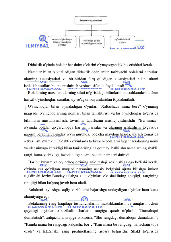  
 
 
Didaktik o'yinda bolalar har doim o'zlarini o'ynayotgandek his etishlari kerak. 
Narsalar bilan o'tkaziladigan didaktik o'yinlardan tarbiyachi bolalarni narsalar, 
ularning xususiyatlari va bir-biridan farq qiladigan xususiyatlari bilan, ularni 
ishlatish usullari bilan tanishtirish vositasi sifatida foydalanadi. 
Bolalarning narsalar, ularning sifati to'g'risidagi bilimlarni mustahkamlash uchun 
har xil o'yinchoqlar, suratlar, uy-ro'zg'or buyumlaridan foydalaniladi. 
O'yinchoqlar bilan o'ynaladigan o'yinlar. "Xaltachada nima bor?" o'yinning 
maqsadi, o'yinchoqlarning nomlari bilan tanishtirish va bu o'yinchoqlar to'g'risida 
bilimlarni mustahkamlash, tovushlar talaffuzini mashq qildirishdir. "Bu nima?” 
o'yinida bolalar qo'g'irchoqqa har xil narsalar va ularning ishlatilishi to'g'risida 
gapirib beradilar. Bunday o'yin guruhda, bog'cha maydonchasida, uxlash xonasida 
o'tkazilishi mumkin. Didaktik o'yinlarda tarbiyachi bolalarni faqat narsalarning nomi 
va ular nimaga kerakligi bilan tanishtiribgina qolmay, balki shu narsalarning shakli, 
rangi, katta-kichikligi, fazoda tutgan o'rni haqida ham tanishtiradi. 
Har bir buyum va o'yinchoq o'zining aniq tashqi ko'rinishiga ega bo'Iishi kerak, 
o'yinda esa qo'yilgan maqsad narsaning asosiy belgisini ajrata bilishga imkon 
tug'dirishi lozim.Bunday talabga xalq o'yinlari o'z shaklining aniqligi, rangining 
tiniqligi bilan ko'proq javob bera oladi. 
Bolalarni o'ylashga, aqliy vazifalarni bajarishga undaydigan o'yinlar ham katta 
ahamiyatga ega. 
Bolalarning rang haqidagi tushunchalarini mustahkamlash va aniqlash uchun 
quyidagi o'yinlar o'tkaziladi: sharlarni rangiga qarab to'plash, "Dumaloqni 
dumalatish”, xalqachalarni ipga o'tkazish, "Shu rangdagi dumaloqni dumalatish”, 
"Kimda mana bu rangdagi xalqacha bor”, "Kim mana bu rangdagi haltachani topa 
oladi" va h.k.Shakl, rang predmetlarning asosiy belgisidir. Shakl to'g'risida 
 
