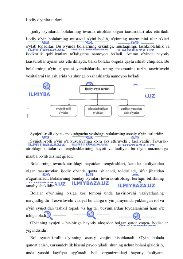  
 
Ijodiy o'yinlar turlari 
Ijodiy o'yinlarda bolalarning tevarak-atrofdan olgan taasurotlari aks ettiriladi. 
Ijodiy o'yin bolalarning mustaqil o'yini bo'lib, o'yinning mazmunini ular o'zlari 
o'ylab topadilar. Bu o'yinda bolalarning erkinligi, mustaqilligi, tashkilotchilik va 
ijodkorlik qobiliyatlari to'laligicha namoyon bo'ladi. Ammo o'yinda hayotiy 
taassurotlar aynan aks ettirilmaydi, balki bolalar ongida qayta ishlab chiqiladi. Bu 
bolalarning o'yin g'oyasini yaratishlarida, uning mazmunini tuzib, tasvirlovchi 
vositalarni tanlashlarida va shunga o'xshashlarda namoyon bo'ladi. 
 
Syujetli-rolli o'yin - maktabgacha yoshdagi bolalarning asosiy o'yin turlaridir. 
Syujetli-rolli o'yin o'z xususiyatiga ko'ra aks ettiruvchi . faoliyatdir. Tevarak-
atrofdagi kattalar va tengdoshlarining hayoti va faoliyati bu o'yin mazmuniga 
manba bo'lib xizmat qiladi. 
Bolalarning tevarak-atrofdagi hayotdan, tengdoshlari, kattalar faoliyatidan 
olgan taassurotlari ijodiy o'yinda qayta ishlanadi, to'ldiriladi, sifat jihatidan 
o'zgartiriladi. Bolalarning bunday o'yinlari tevarak-atrofdagi borliqni bilishning 
amaliy shaklidir. 
Bolalar o'yinining o'ziga xos tomoni unda tasvirlovchi vaziyatlarning 
mavjudligidir. Tasvirlovchi vaziyat bolalarga o’yin jarayonida yuklangan rol va 
o'yin syujetidan tashkil topadi va har xil buyumlardan foydalanishni ham o'z 
ichiga oladi. 
O'yinning syujeti - bir-biriga hayotiy aloqador boigan qator voqea- hodisalar 
yig'indisidir. 
Rol syujetli-rolli o'yinning asosiy zanjiri hisoblanadi. O'yin bolada 
qanoatlanish, xursandchilik hissini paydo qiladi, shuning uchun bolani qiziqtirib, 
unda yaxshi kayfiyat uyg'otadi, bola organizmidagi hayotiy faoliyatni 
 
