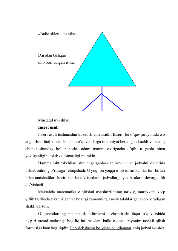  
 
«Baliq skleti» texnikasi. 
 
 
Darsdan tashqari 
olib boriladigan ishlar 
 
 
 
 
 
 
 
Mustaqil uy ishlari 
Insert usuli 
Insert usuli tushunishni kuzatish vositasidir. Insert- bu o’quv jarayonida o’z 
anglashini faol kuzatish uchun o’quvchilarga imkoniyat beradigan kuchli vositadir, 
chunki shunday hollar borki, odam matnni oxirigacha o’qib, u yerda nima  
yozilganligini eslab qololmasligi mumkin 
Hamma ishtirokchilar ishni tugatganlaridan keyin ular jadvalni oldlarida 
ushlab zalning o’rtasiga   chiqishadi. U yoq- bu yoqqa o’tib ishtirokchilar bir- birlari 
bilan tanishadilar. Ishtirokchilar o’z ismlarini jadvallarga yozib, ularni devorga ilib 
qo’yishadi. 
Maktabda matematika o‘qitishni uyushtirishning tarixiy, murakkab, ko‘p 
yillik tajribada tekshirilgan va hozirgi zamonning asosiy talablariga javob beradigan 
shakli darsdir. 
O‘quvchilarning matematik bilimlarni o‘zlashtirishi faqat o‘quv ishida 
to‘g‘ri metod tanlashga bog‘liq bo‘lmasdan, balki o‘quv jarayonini tashkil qilish 
formasiga ham bog‘liqdir. Dars deb dastur bo‘yicha belgilangan, aniq jadval asosida, 
