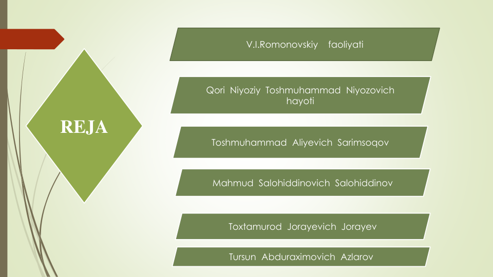 V.I.Romonovskiy
faoliyati
Qori Niyoziy Toshmuhammad Niyozovich
hayoti
Toshmuhammad Aliyevich Sarimsoqov
Mahmud  Salohiddinovich Salohiddinov
Toxtamurod Jorayevich Jorayev
Tursun Abduraximovich Azlarov
REJA
