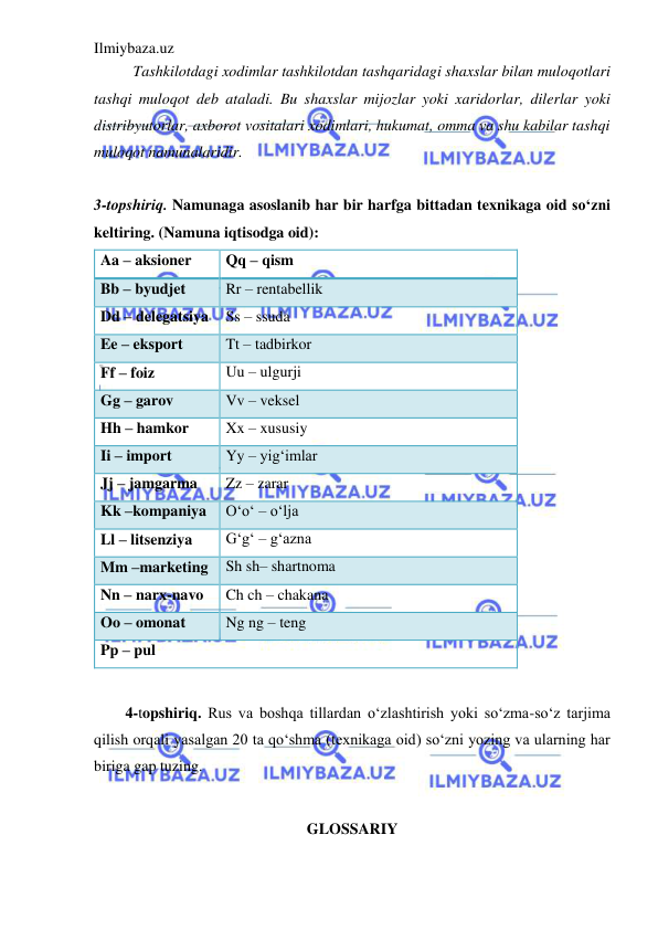 Ilmiybaza.uz 
 
Tashkilotdagi xodimlar tashkilotdan tashqaridagi shaxslar bilan muloqotlari 
tashqi muloqot deb ataladi. Bu shaxslar mijozlar yoki xaridorlar, dilerlar yoki 
distribyutorlar, axborot vositalari xodimlari, hukumat, omma va shu kabilar tashqi 
muloqot namunalaridir. 
 
 
3-topshiriq. Namunaga asoslanib har bir harfga bittadan texnikaga oid so‘zni 
keltiring. (Namuna iqtisodga oid):  
Aa – aksioner  
Qq – qism  
Bb – byudjet  
Rr – rentabellik  
Dd – delegatsiya  Ss – ssuda  
Ee – eksport  
Tt – tadbirkor  
Ff – foiz  
Uu – ulgurji  
Gg – garov  
Vv – veksel  
Hh – hamkor  
Xx – xususiy  
Ii – import  
Yy – yig‘imlar  
Jj – jamgarma  
Zz – zarar  
Kk –kompaniya  O‘o‘ – o‘lja  
Ll – litsenziya  
G‘g‘ – g‘azna  
Mm –marketing  Sh sh– shartnoma  
Nn – narx-navo  
Ch ch – chakana  
Oo – omonat  
Ng ng – teng  
Pp – pul  
 
 
4-topshiriq. Rus va boshqa tillardan o‘zlashtirish yoki so‘zma-so‘z tarjima 
qilish orqali yasalgan 20 ta qo‘shma (texnikaga oid) so‘zni yozing va ularning har 
biriga gap tuzing. 
 
GLOSSARIY 
