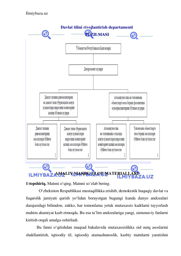 Ilmiybaza.uz 
 
 
Davlat tilini rivojlantirish departamenti 
TUZILMASI 
 
 
AMALIY MASHGʻULOT MATERIALLARI 
1-topshiriq. Matnni o‘qing. Matnni so‘zlab bering.  
 
O‘zbekiston Respublikasi mustaqillikka erishib, demokratik huquqiy davlat va 
fuqarolik jamiyati qurish yo‘lidan borayotgan bugungi kunda dunyo andozalari 
darajasidagi bilimdon, zukko, har tomonlama yetuk mutaxassis kadrlarni tayyorlash 
muhim ahamiyat kasb etmoqda. Bu esa ta’lim andozalariga yangi, zamonaviy fanlarni 
kiritish orqali amalga oshiriladi. 
 
Bu fanni o‘qitishdan maqsad bakalavrda mutaxassislikka oid nutq asoslarini 
shakllantirish, iqtisodiy til, iqtisodiy atamashunoslik, kasbiy matnlarni yaratishni 
