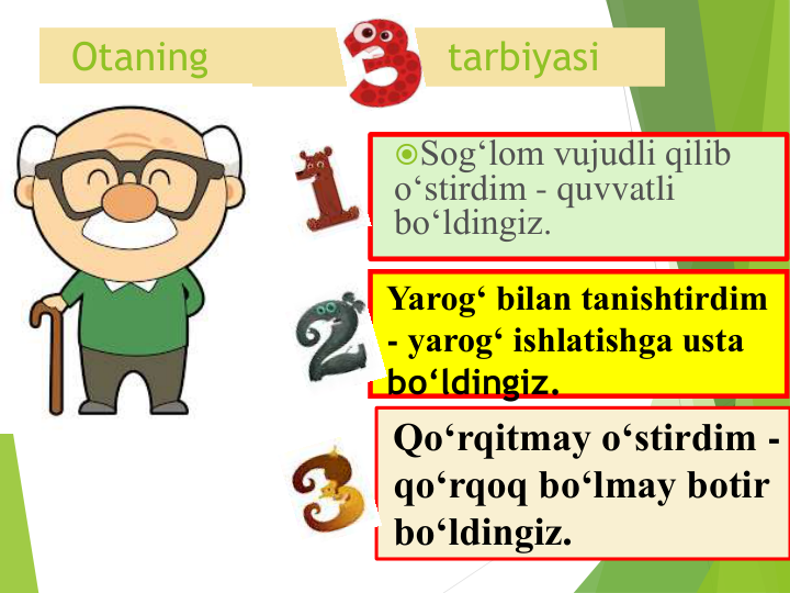 Otaning
tarbiyasi
Sog‘lom vujudli qilib 
o‘stirdim - quvvatli 
bo‘ldingiz. 
Yarog‘ bilan tanishtirdim 
- yarog‘ ishlatishga usta 
bo‘ldingiz.
Qo‘rqitmay o‘stirdim -
qo‘rqoq bo‘lmay botir 
bo‘ldingiz.
