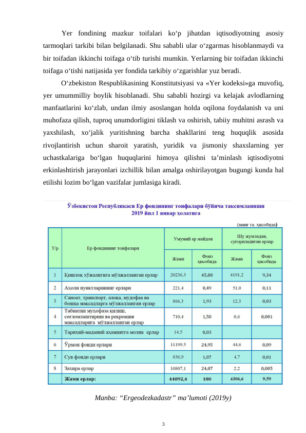 Yer  fondining  mazkur  toifalari  ko‘p  jihatdan  iqtisodiyotning  asosiy
tarmoqlari tarkibi bilan belgilanadi. Shu sababli ular o‘zgarmas hisoblanmaydi va
bir toifadan ikkinchi toifaga o‘tib turishi mumkin. Yerlarning bir toifadan ikkinchi
toifaga o‘tishi natijasida yer fondida tarkibiy o‘zgarishlar yuz beradi.
O‘zbekiston Respublikasining Konstitutsiyasi va «Yer kodeksi»ga muvofiq,
yer umummilliy boylik hisoblanadi. Shu sababli hozirgi va kelajak avlodlarning
manfaatlarini ko‘zlab, undan ilmiy asoslangan holda oqilona foydalanish va uni
muhofaza qilish, tuproq unumdorligini tiklash va oshirish, tabiiy muhitni asrash va
yaxshilash,  xo‘jalik  yuritishning  barcha  shakllarini  teng  huquqlik  asosida
rivojlantirish  uchun  sharoit  yaratish,  yuridik  va  jismoniy  shaxslarning  yer
uchastkalariga  bo‘lgan  huquqlarini  himoya  qilishni  ta’minlash  iqtisodiyotni
erkinlashtirish jarayonlari izchillik bilan amalga oshirilayotgan bugungi kunda hal
etilishi lozim bo‘lgan vazifalar jumlasiga kiradi.
Manba: “Ergeodezkadastr” ma’lumoti (2019y)
3
