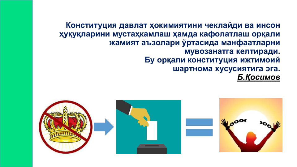Конституция давлат ҳокимиятини чеклайди ва инсон 
ҳуқуқларини мустаҳкамлаш ҳамда кафолатлаш орқали 
жамият аъзолари ўртасида манфаатларни 
мувозанатга келтиради. 
Бу орқали конституция ижтимоий 
шартнома хусусиятига эга. 
Б.Қосимов

