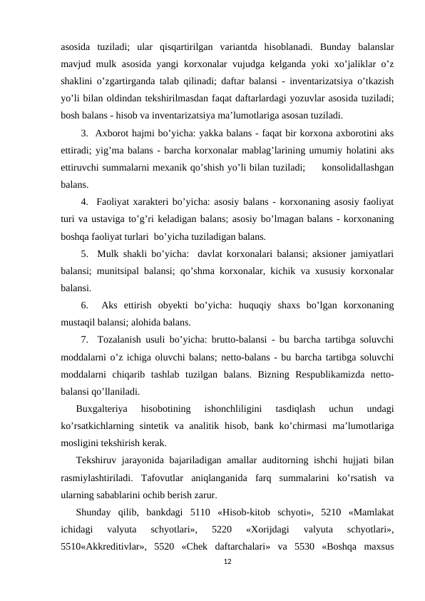 asosida  tuziladi;  ular  qisqartirilgan  variantda  hisoblanadi.  Bunday  balanslar
mavjud mulk asosida yangi korxonalar vujudga kelganda yoki xo’jaliklar o’z
shaklini o’zgartirganda talab qilinadi; daftar balansi - inventarizatsiya o’tkazish
yo’li bilan oldindan tekshirilmasdan faqat daftarlardagi yozuvlar asosida tuziladi;
bosh balans - hisob va inventarizatsiya ma’lumotlariga asosan tuziladi.
3.  Axborot hajmi bo’yicha: yakka balans - faqat bir korxona axborotini aks
ettiradi; yig’ma balans - barcha korxonalar mablag’larining umumiy holatini aks
ettiruvchi summalarni mexanik qo’shish yo’li bilan tuziladi;     konsolidallashgan
balans.
4.  Faoliyat xarakteri bo’yicha: asosiy balans - korxonaning asosiy faoliyat
turi va ustaviga to’g’ri keladigan balans; asosiy bo’lmagan balans - korxonaning
boshqa faoliyat turlari  bo’yicha tuziladigan balans.
5.  Mulk shakli bo’yicha:  davlat korxonalari balansi; aksioner jamiyatlari
balansi; munitsipal balansi; qo’shma korxonalar, kichik va xususiy korxonalar
balansi.
6.   Aks  ettirish  obyekti  bo’yicha:  huquqiy  shaxs  bo’lgan  korxonaning
mustaqil balansi; alohida balans.
7.  Тozalanish usuli bo’yicha: brutto-balansi - bu barcha tartibga soluvchi
moddalarni o’z ichiga oluvchi balans; netto-balans - bu barcha tartibga soluvchi
moddalarni  chiqarib  tashlab  tuzilgan  balans.  Bizning  Respublikamizda  netto-
balansi qo’llaniladi.
Buxgalteriya  hisobotining  ishonchliligini  tasdiqlash  uchun  undagi
ko’rsatkichlarning sintetik va analitik hisob, bank ko’chirmasi  ma’lumotlariga
mosligini tekshirish kerak.  
Tekshiruv jarayonida bajariladigan amallar auditorning ishchi  hujjati bilan
rasmiylashtiriladi.  Tafovutlar  aniqlanganida  farq  summalarini  ko’rsatish  va
ularning sabablarini ochib berish zarur.  
Shunday  qilib,  bankdagi  5110  «Hisob-kitob  schyoti»,  5210  «Mamlakat
ichidagi  valyuta  schyotlari»,  5220  «Xorijdagi  valyuta  schyotlari»,
5510«Akkreditivlar»,  5520  «Chek  daftarchalari»  va  5530  «Boshqa  maxsus
12
