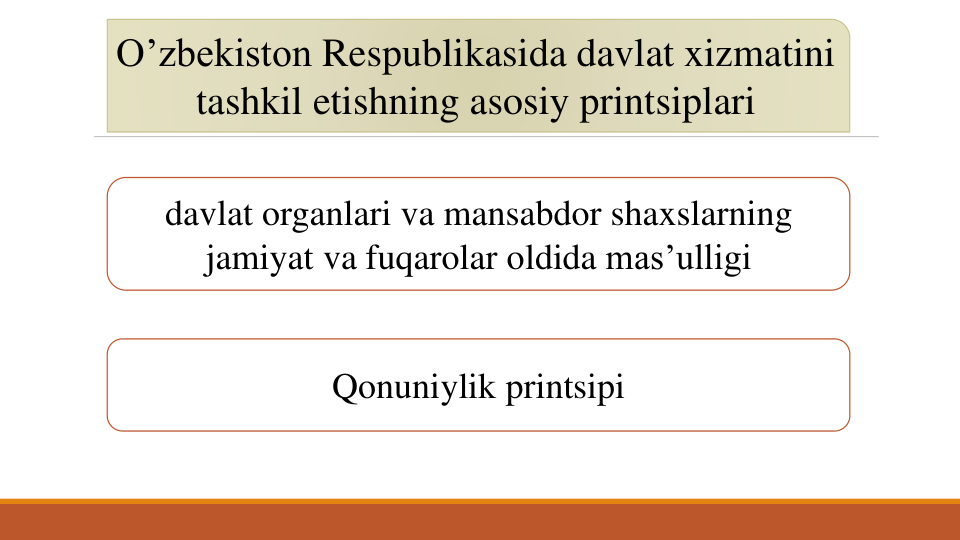 O’zbekiston Respublikasida davlat xizmatini
tashkil etishning asosiy printsiplari
davlat organlari va mansabdor shaxslarning
jamiyat va fuqarolar oldida mas’ulligi
Qonuniylik printsipi
