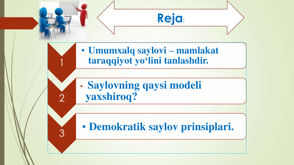 1
• Umumxalq saylovi – mamlakat
taraqqiyot yo‘lini tanlashdir.
2
• Saylovning qaysi modeli
yaxshiroq? 
3
• Demokratik saylov prinsiplari.
Reja:
