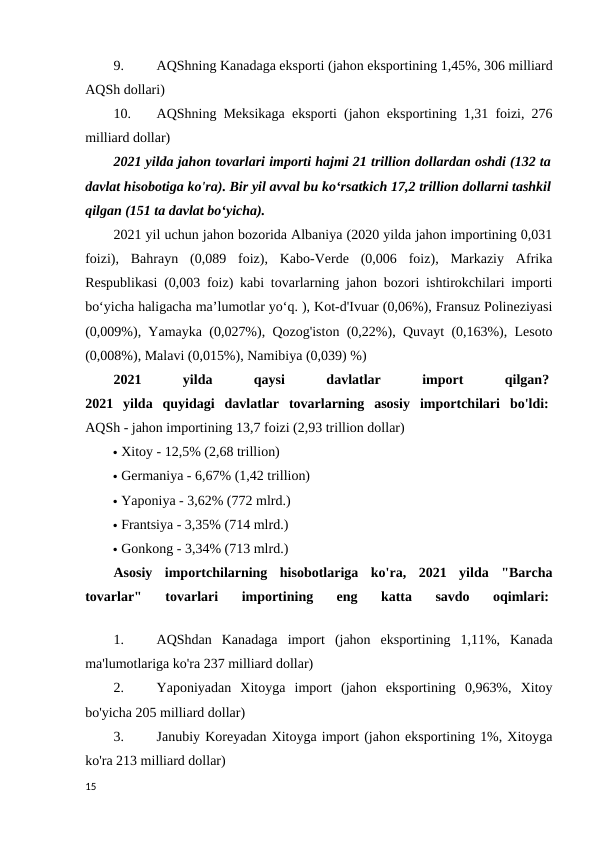 9.
AQShning Kanadaga eksporti (jahon eksportining 1,45%, 306 milliard
AQSh dollari) 
10.
AQShning Meksikaga eksporti (jahon eksportining 1,31 foizi, 276
milliard dollar) 
2021 yilda jahon tovarlari importi hajmi 21 trillion dollardan oshdi (132 ta
davlat hisobotiga ko'ra). Bir yil avval bu ko‘rsatkich 17,2 trillion dollarni tashkil
qilgan (151 ta davlat bo‘yicha).
2021 yil uchun jahon bozorida Albaniya (2020 yilda jahon importining 0,031
foizi),  Bahrayn  (0,089  foiz),  Kabo-Verde  (0,006  foiz),  Markaziy  Afrika
Respublikasi (0,003 foiz) kabi tovarlarning jahon bozori ishtirokchilari importi
bo‘yicha haligacha ma’lumotlar yo‘q. ), Kot-d'Ivuar (0,06%), Fransuz Polineziyasi
(0,009%), Yamayka (0,027%), Qozog'iston (0,22%), Quvayt (0,163%), Lesoto
(0,008%), Malavi (0,015%), Namibiya (0,039) %) 
2021
 
yilda
 
qaysi
 
davlatlar
 
import
 
qilgan? 
2021  yilda  quyidagi  davlatlar  tovarlarning  asosiy  importchilari  bo'ldi: 
AQSh - jahon importining 13,7 foizi (2,93 trillion dollar) 
 Xitoy - 12,5% (2,68 trillion) 
 Germaniya - 6,67% (1,42 trillion) 
 Yaponiya - 3,62% (772 mlrd.) 
 Frantsiya - 3,35% (714 mlrd.) 
 Gonkong - 3,34% (713 mlrd.) 
Asosiy  importchilarning  hisobotlariga  ko'ra,  2021  yilda  "Barcha
tovarlar"  tovarlari  importining  eng  katta  savdo  oqimlari: 
1.
AQShdan  Kanadaga  import  (jahon  eksportining  1,11%,  Kanada
ma'lumotlariga ko'ra 237 milliard dollar) 
2.
Yaponiyadan  Xitoyga  import  (jahon  eksportining  0,963%,  Xitoy
bo'yicha 205 milliard dollar) 
3.
Janubiy Koreyadan Xitoyga import (jahon eksportining 1%, Xitoyga
ko'ra 213 milliard dollar) 
15
