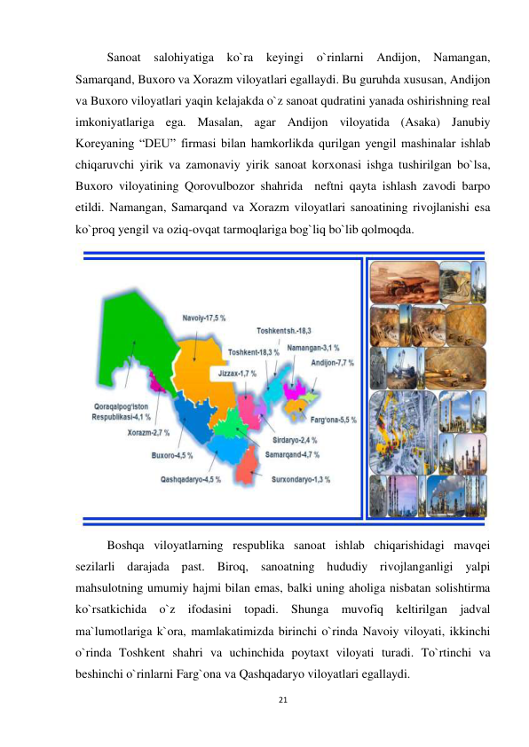 21 
 
Sanoat salohiyatiga ko`ra 
keyingi o`rinlarni Andijon, Namangan, 
Samarqand, Buxoro va Xorazm viloyatlari egallaydi. Bu guruhda xususan, Andijon 
va Buxoro viloyatlari yaqin kelajakda o`z sanoat qudratini yanada oshirishning real 
imkoniyatlariga ega. Masalan, agar Andijon viloyatida (Asaka) Janubiy 
Koreyaning “DEU” firmasi bilan hamkorlikda qurilgan yengil mashinalar ishlab 
chiqaruvchi yirik va zamonaviy yirik sanoat korxonasi ishga tushirilgan bo`lsa, 
Buxoro viloyatining Qorovulbozor shahrida  neftni qayta ishlash zavodi barpo 
etildi. Namangan, Samarqand va Xorazm viloyatlari sanoatining rivojlanishi esa 
ko`proq yengil va oziq-ovqat tarmoqlariga bog`liq bo`lib qolmoqda. 
 
Boshqa viloyatlarning respublika sanoat ishlab chiqarishidagi mavqei 
sezilarli darajada past. Biroq, sanoatning hududiy rivojlanganligi yalpi 
mahsulotning umumiy hajmi bilan emas, balki uning aholiga nisbatan solishtirma 
ko`rsatkichida o`z ifodasini topadi. Shunga muvofiq keltirilgan jadval 
ma`lumotlariga k`ora, mamlakatimizda birinchi o`rinda Navoiy viloyati, ikkinchi 
o`rinda Toshkent shahri va uchinchida poytaxt viloyati turadi. To`rtinchi va 
beshinchi o`rinlarni Farg`ona va Qashqadaryo viloyatlari egallaydi. 
