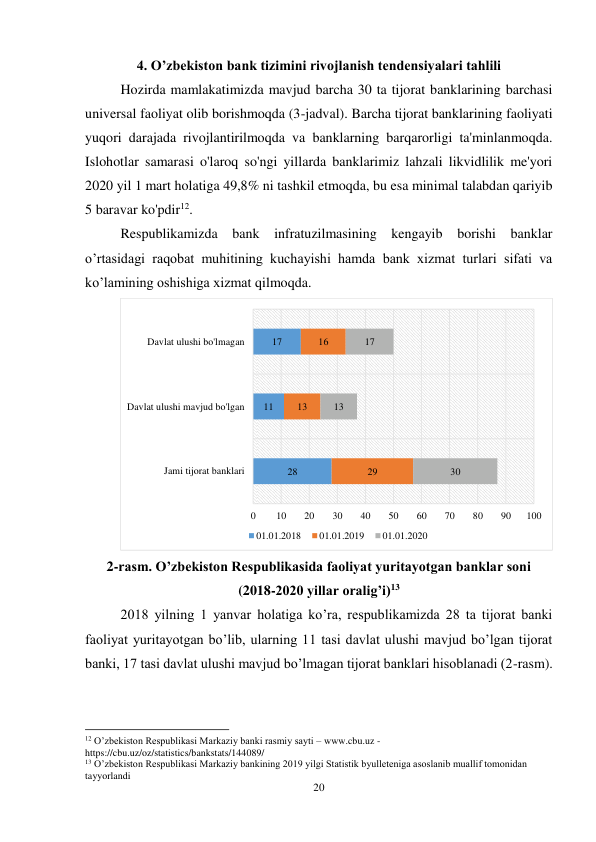 20 
 
4. O’zbekiston bank tizimini rivojlanish tendensiyalari tahlili 
 
Hozirda mamlakatimizda mavjud barcha 30 ta tijorat banklarining barchasi 
universal faoliyat olib borishmoqda (3-jadval). Barcha tijorat banklarining faoliyati 
yuqori darajada rivojlantirilmoqda va banklarning barqarorligi ta'minlanmoqda. 
Islohotlar samarasi o'laroq so'ngi yillarda banklarimiz lahzali likvidlilik me'yori 
2020 yil 1 mart holatiga 49,8% ni tashkil etmoqda, bu esa minimal talabdan qariyib 
5 baravar ko'pdir12. 
Respublikamizda bank infratuzilmasining kengayib borishi banklar 
o’rtasidagi raqobat muhitining kuchayishi hamda bank xizmat turlari sifati va 
ko’lamining oshishiga xizmat qilmoqda. 
 
2-rasm. O’zbekiston Respublikasida faoliyat yuritayotgan banklar soni  
(2018-2020 yillar oralig’i)13 
2018 yilning 1 yanvar holatiga ko’ra, respublikamizda 28 ta tijorat banki 
faoliyat yuritayotgan bo’lib, ularning 11 tasi davlat ulushi mavjud bo’lgan tijorat 
banki, 17 tasi davlat ulushi mavjud bo’lmagan tijorat banklari hisoblanadi (2-rasm).  
                                                           
12 O’zbekiston Respublikasi Markaziy banki rasmiy sayti – www.cbu.uz - 
https://cbu.uz/oz/statistics/bankstats/144089/ 
13 O’zbekiston Respublikasi Markaziy bankining 2019 yilgi Statistik byulleteniga asoslanib muallif tomonidan 
tayyorlandi 
28
11
17
29
13
16
30
13
17
0
10
20
30
40
50
60
70
80
90
100
Jami tijorat banklari
Davlat ulushi mavjud bo'lgan
Davlat ulushi bo'lmagan
01.01.2018
01.01.2019
01.01.2020
