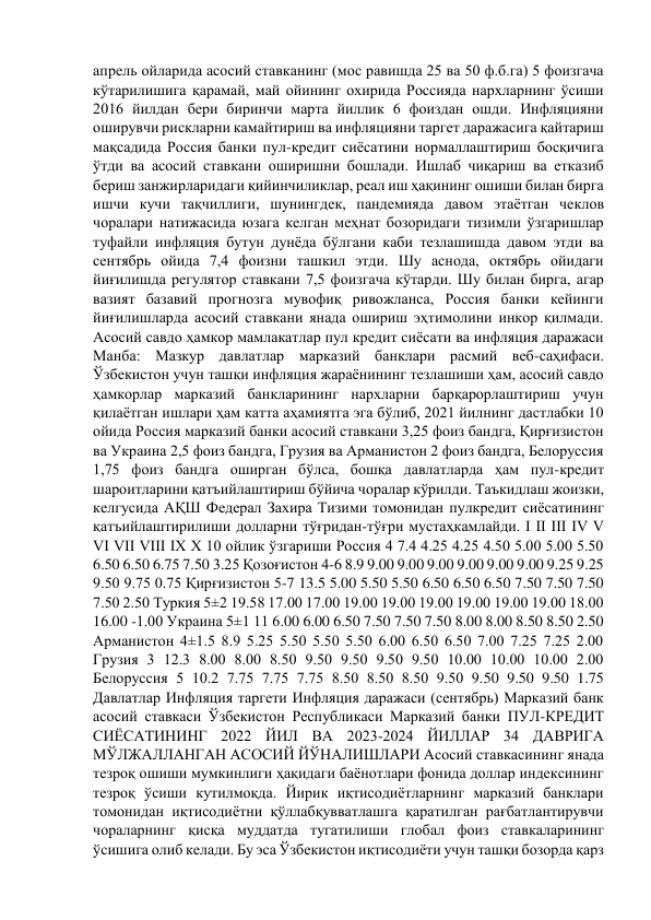 апрель ойларида асосий ставканинг (мос равишда 25 ва 50 ф.б.га) 5 фоизгача 
кўтарилишига қарамай, май ойининг охирида Россияда нархларнинг ўсиши 
2016 йилдан бери биринчи марта йиллик 6 фоиздан ошди. Инфляцияни 
оширувчи рискларни камайтириш ва инфляцияни таргет даражасига қайтариш 
мақсадида Россия банки пул-кредит сиёсатини нормаллаштириш босқичига 
ўтди ва асосий ставкани оширишни бошлади. Ишлаб чиқариш ва етказиб 
бериш занжирларидаги қийинчиликлар, реал иш ҳақининг ошиши билан бирга 
ишчи кучи тақчиллиги, шунингдек, пандемияда давом этаётган чеклов 
чоралари натижасида юзага келган меҳнат бозоридаги тизимли ўзгаришлар 
туфайли инфляция бутун дунёда бўлгани каби тезлашишда давом этди ва 
сентябрь ойида 7,4 фоизни ташкил этди. Шу аснода, октябрь ойидаги 
йиғилишда регулятор ставкани 7,5 фоизгача кўтарди. Шу билан бирга, агар 
вазият базавий прогнозга мувофиқ ривожланса, Россия банки кейинги 
йиғилишларда асосий ставкани янада ошириш эҳтимолини инкор қилмади. 
Асосий савдо ҳамкор мамлакатлар пул кредит сиёсати ва инфляция даражаси 
Манба: Мазкур давлатлар марказий банклари расмий веб-саҳифаси. 
Ўзбекистон учун ташқи инфляция жараёнининг тезлашиши ҳам, асосий савдо 
ҳамкорлар марказий банкларининг нархларни барқарорлаштириш учун 
қилаётган ишлари ҳам катта аҳамиятга эга бўлиб, 2021 йилнинг дастлабки 10 
ойида Россия марказий банки асосий ставкани 3,25 фоиз бандга, Қирғизистон 
ва Украина 2,5 фоиз бандга, Грузия ва Арманистон 2 фоиз бандга, Белоруссия 
1,75 фоиз бандга оширган бўлса, бошқа давлатларда ҳам пул-кредит 
шароитларини қатъийлаштириш бўйича чоралар кўрилди. Таъкидлаш жоизки, 
келгусида АҚШ Федерал Захира Тизими томонидан пулкредит сиёсатининг 
қатъийлаштирилиши долларни тўғридан-тўғри мустаҳкамлайди. I II III IV V 
VI VII VIII IX X 10 ойлик ўзгариши Россия 4 7.4 4.25 4.25 4.50 5.00 5.00 5.50 
6.50 6.50 6.75 7.50 3.25 Қозоғистон 4-6 8.9 9.00 9.00 9.00 9.00 9.00 9.00 9.25 9.25 
9.50 9.75 0.75 Қирғизистон 5-7 13.5 5.00 5.50 5.50 6.50 6.50 6.50 7.50 7.50 7.50 
7.50 2.50 Туркия 5±2 19.58 17.00 17.00 19.00 19.00 19.00 19.00 19.00 19.00 18.00 
16.00 -1.00 Украина 5±1 11 6.00 6.00 6.50 7.50 7.50 7.50 8.00 8.00 8.50 8.50 2.50 
Арманистон 4±1.5 8.9 5.25 5.50 5.50 5.50 6.00 6.50 6.50 7.00 7.25 7.25 2.00 
Грузия 3 12.3 8.00 8.00 8.50 9.50 9.50 9.50 9.50 10.00 10.00 10.00 2.00 
Белоруссия 5 10.2 7.75 7.75 7.75 8.50 8.50 8.50 9.50 9.50 9.50 9.50 1.75 
Давлатлар Инфляция таргети Инфляция даражаси (сентябрь) Марказий банк 
асосий ставкаси Ўзбекистон Республикаси Марказий банки ПУЛ-КРЕДИТ 
СИЁСАТИНИНГ 2022 ЙИЛ ВА 2023-2024 ЙИЛЛАР 34 ДАВРИГА 
МЎЛЖАЛЛАНГАН АСОСИЙ ЙЎНАЛИШЛАРИ Асосий ставкасининг янада 
тезроқ ошиши мумкинлиги ҳақидаги баёнотлари фонида доллар индексининг 
тезроқ ўсиши кутилмоқда. Йирик иқтисодиётларнинг марказий банклари 
томонидан иқтисодиётни қўллабқувватлашга қаратилган рағбатлантирувчи 
чораларнинг қисқа муддатда тугатилиши глобал фоиз ставкаларининг 
ўсишига олиб келади. Бу эса Ўзбекистон иқтисодиёти учун ташқи бозорда қарз 
