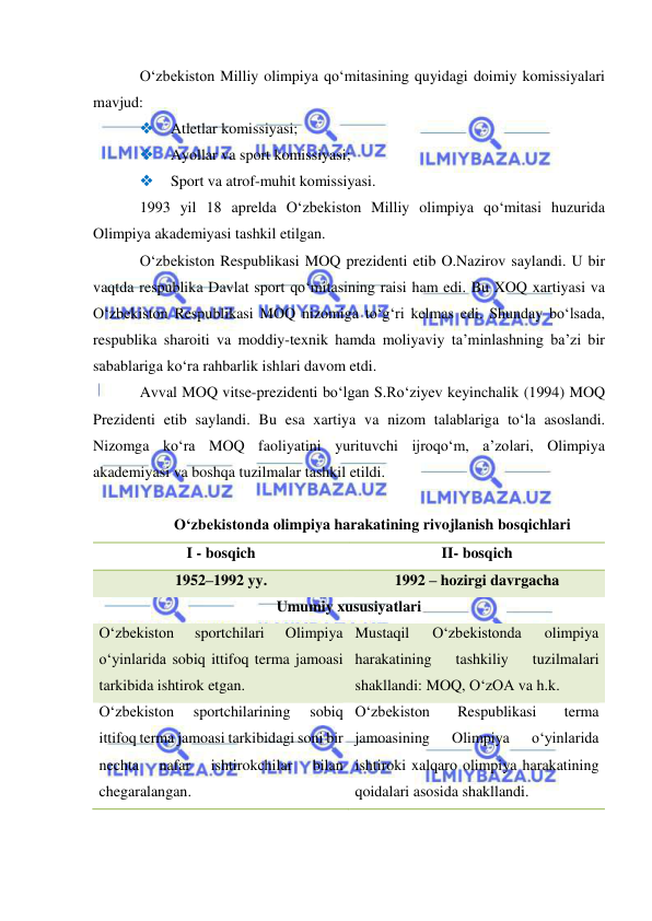  
 
O‘zbekiston Milliy olimpiya qo‘mitasining quyidagi doimiy komissiyalari 
mavjud:  
 
Atletlar komissiyasi;  
 
Ayollar va sport komissiyasi;  
 
Sport va atrof-muhit komissiyasi.      
1993 yil 18 aprelda O‘zbekiston Milliy olimpiya qo‘mitasi huzurida 
Olimpiya akademiyasi tashkil etilgan.  
O‘zbekiston Respublikasi MOQ prezidenti etib O.Nazirov saylandi. U bir 
vaqtda respublika Davlat sport qo‘mitasining raisi ham edi. Bu XOQ xartiyasi va 
O‘zbekiston Respublikasi MOQ nizomiga to‘g‘ri kelmas edi. Shunday bo‘lsada, 
respublika sharoiti va moddiy-texnik hamda moliyaviy ta’minlashning ba’zi bir 
sabablariga ko‘ra rahbarlik ishlari davom etdi.  
Avval MOQ vitse-prezidenti bo‘lgan S.Ro‘ziyev keyinchalik (1994) MOQ 
Prezidenti etib saylandi. Bu esa xartiya va nizom talablariga to‘la asoslandi. 
Nizomga ko‘ra MOQ faoliyatini yurituvchi ijroqo‘m, a’zolari, Olimpiya 
akademiyasi va boshqa tuzilmalar tashkil etildi. 
 
O‘zbekistonda olimpiya harakatining rivojlanish bosqichlari 
I - bosqich 
II- bosqich 
1952–1992 yy. 
1992 – hozirgi davrgacha 
Umumiy xususiyatlari 
O‘zbekiston 
sportchilari 
Olimpiya 
o‘yinlarida sobiq ittifoq terma jamoasi 
tarkibida ishtirok etgan. 
Mustaqil 
O‘zbekistonda 
olimpiya 
harakatining 
tashkiliy 
tuzilmalari 
shakllandi: MOQ, O‘zOA va h.k. 
O‘zbekiston 
sportchilarining 
sobiq 
ittifoq terma jamoasi tarkibidagi soni bir 
nechta 
nafar 
ishtirokchilar 
bilan 
chegaralangan. 
O‘zbekiston 
Respublikasi 
terma 
jamoasining 
Olimpiya 
o‘yinlarida 
ishtiroki xalqaro olimpiya harakatining 
qoidalari asosida shakllandi. 
