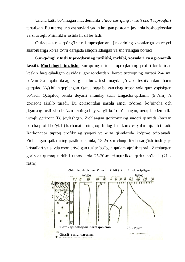 Uncha katta bo’lmagan maydonlarda o’tloq-sur-qung’ir tusli cho’l tuproqlari
tarqalgan. Bu tuproqlar sizot suvlari yaqin bo’lgan pastqam joylarda boshoqdoshlar
va shuvoqli o’simliklar ostida hosil bo’ladi.
O’tloq – sur – qo’ng’ir tusli tuproqlar ona jinslarining xossalariga va relyef
sharoitlariga ko’ra to’rli darajada ishqorsizlangan va sho’rlangan bo’ladi.
Sur-qo’ng’ir tusli tuproqlarning tuzilishi, tarkibi, xossalari va agronomik
tavsifi.  Morfologik tuzilishi
 
 .  Sur-qo’ng’ir tusli tuproqlarning profili bir-biridan
keskin farq qiladigan quyidagi gorizontlardan iborat: tuproqning yuzasi 2-4 sm,
ba’zan 5sm qalinlikdagi sarg’ish bo’z tusli mayda g’ovak, teshiklardan iborat
qatqaloq (Aq) bilan qoplangan. Qatqaloqqa ba’zan chag’irtosh yoki qum yopishgan
bo’ladi.  Qatqaloq  ostida  deyarli  shunday  tusli  tangacha-qatlamli  (5-7sm)  A
gorizont  ajralib  turadi.  Bu  gorizontdan  pastda  rangi  to’qroq,  ko’pincha  och
jigarrang tusli zich ba’zan temirga boy va gil ko’p to’plangan, uvoqli, prizmatik-
uvoqli gorizont (B) joylashgan. Zichlangan gorizontning yuqori qismida (ba’zan
barcha profil bo’ylab) karbonatlarning oqish dog’lari, konkresiyalari ajralib turadi.
Karbonatlar  tuproq  profilining  yuqori  va  o’rta  qismlarida  ko’proq  to’planadi.
Zichlangan qatlamning pastki qismida, 18-25 sm chuqurlikda sarg’ish tusli gips
kristallari va suvda oson eriydigan tuzlar bo’lgan qatlam ajralib turadi. Zichlangan
gorizont qumoq tarkibli tuproqlarda 25-30sm chuqurlikka qadar bo’ladi. (21 -
rasm).
23 - rasm
Chirin
di 
Nozik dispers
massa
 Kvars
Kalsit (1) 
Gips (2)
Suvda eriydigan
tuzlar
G’ovak qatqaloqdan iborat qoplama
Gipsli  yangi yaralma
