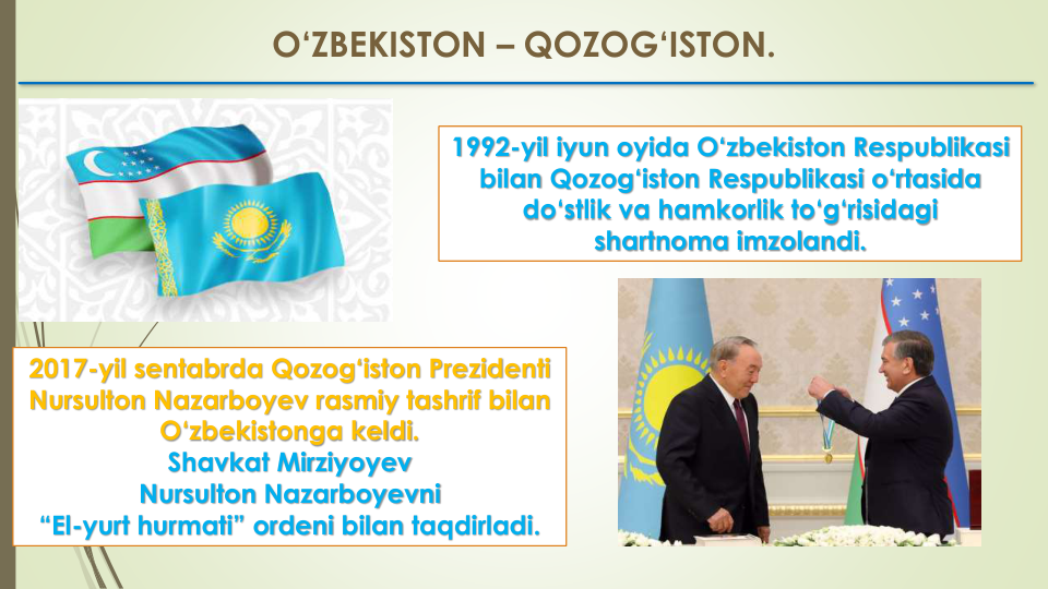 O‘ZBEKISTON – QOZOG‘ISTON.
1992-yil iyun oyida O‘zbekiston Respublikasi
bilan Qozog‘iston Respublikasi o‘rtasida 
do‘stlik va hamkorlik to‘g‘risidagi
shartnoma imzolandi.
2017-yil sentabrda Qozog‘iston Prezidenti 
Nursulton Nazarboyev rasmiy tashrif bilan 
O‘zbekistonga keldi. 
Shavkat Mirziyoyev 
Nursulton Nazarboyevni
“El-yurt hurmati” ordeni bilan taqdirladi.
