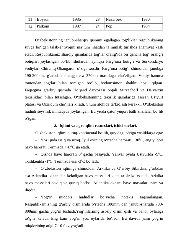 11
Boysun
1935
23
Nazarbek
1980
12
Piskom
1937
24
Pop
1984
O‘zbekistonning janubi-sharqiy qismini egallagan tog‘liklar respublikaning
suvga bo‘lgan talab-ehtiyojini ma’lum jihatdan ta’minlab turishda ahamiyat kasb
etadi. Respublikamiz sharqiy qismlarida tog‘lar oralig‘ida bir qancha tog‘ oralig‘i
botiqlari joylashgan bo‘lib, shulardan ayniqsa Farg‘ona botig‘i va Surxondaryo
vodiylari Chirchiq-Ohangaron o‘ziga xosdir. Farg‘ona botig‘i shimoldan janubga
190-200km, g‘arbdan sharqga esa 370km masofaga cho‘zilgan. Vodiy hamma
tomondan  tog‘lar  bilan  o‘ralgan  bo‘lib,  bodomsimon  shaklni  hosil  qilgan.
Faqatgina  g‘arbiy  qismida  Ho‘jand  darvozasi  orqali  Mirzacho‘l  va  Dalvarzin
tekisliklari bilan tutashgan. O‘zbekistonning tekislik qismlariga asosan Ustyurt
platosi va Qizilqum cho‘llari kiradi. Shuni alohida ta’kidlash kerakki, O‘zbekiston
hududi seysmik mintaqada joylashgan. Bu yerda qator yuqori balli zilzilalar bo‘lib
o‘tgan.
2. Iqlimi va agroiqlim resurslari, ichki suvlari.
O‘zbekiston iqlimi quruq-kontinental bo‘lib, quyidagi o‘ziga xosliklarga ega:
-
Yozi juda issiq va uzoq. Iyul oyining o‘rtacha harorati +300C, eng yuqori
havo harorati Termizda +470C ga etadi.
-
Qishda havo harorati 00  gacha pasayadi. Yanvar oyida Ustyurtda -90C,
Toshkentda -10C, Termizda esa -30C bo‘ladi.  
-
O‘zbekiston iqlimiga shimoldan Arktika va G‘arbiy Sibirdan, g‘arbdan
esa Atlantika okeanidan keladigan havo massalari katta ta’sir ko‘rsatadi. Arktika
havo massalari sovuq va quruq bo‘lsa, Atlantika okeani havo massalari nam va
iliqdir. 
-
Yog‘in  miqdori  hududlar  bo‘yicha  notekis  taqsimlangan.
Respublikamizning g‘arbiy qismlarida o‘rtacha 100mm dan janubi-sharqda 700-
800mm gacha yog‘in tushadi.Yog‘inlarning asosiy qismi qish va bahor oylariga
to‘g‘ri  keladi.  Eng  kam  yog‘in  yoz  oylarida  bo‘ladi.  Bu  davrda  jami  yog‘in
miqdorining atigi 7-10 foiz yog‘adi.
