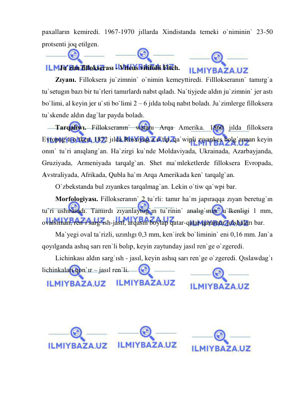  
 
paxalların kemiredi. 1967-1970 jıllarda Xindistanda temeki o`niminin` 23-50 
protsenti joq etilgen.  
 
Ju`zim fillokserası - Viteus vitifolii Fitch. 
Zıyanı. Filloksera ju`zimnin` o`nimin kemeyttiredi. Filllokseranın` tamırg`a 
tu`setugın bazı bir tu`rleri tamırlardı nabıt qıladı. Na`tiyjede aldın ju`zimnin` jer astı 
bo`limi, al keyin jer u`sti bo`limi 2 – 6 jılda tolıq nabıt boladı. Ju`zimlerge filloksera 
tu`skende aldın dag`lar payda boladı. 
Tarqalıwı. Fillokseranın` watanı Arqa Amerika. 1860 jılda filloksera 
Evropag`a o`tken. 1872 jılda Rossiyag`a o`tip, qa`wipli zıyankes bolg`annan keyin 
onın` tu`ri anıqlang`an. Ha`zirgi ku`nde Moldaviyada, Ukrainada, Azarbayjanda, 
Gruziyada, Armeniyada tarqalg`an. Shet ma`mleketlerde filloksera Evropada, 
Avstraliyada, Afrikada, Qubla ha`m Arqa Amerikada ken` tarqalg`an.  
O`zbekstanda bul zıyankes tarqalmag`an. Lekin o`tiw qa`wpi bar. 
Morfologiyası. Fillokseranın` 2 tu`rli: tamır ha`m japıraqqa zıyan beretug`ın 
tu`ri ushırasadı. Tamırdı zıyanlaytug`ın tu`rinin` analıg`ının` u`lkenligi 1 mm, 
ovalsıman, ren`i sarg`ısh-jasıl, arqasın boylap qatar-qatar qaramtır jolshaları bar. 
Ma`yegi oval ta`rizli, uzınlıgı 0,3 mm, ken`irek bo`liminin` eni 0,16 mm. Jan`a 
qoyılganda ashıq sarı ren`li bolıp, keyin zaytunday jasıl ren`ge o`zgeredi.  
Lichinkası aldın sarg`ısh - jasıl, keyin ashıq sarı ren`ge o`zgeredi. Qıslawdag`ı 
lichinkaları qon`ır – jasıl ren`li. 
 
