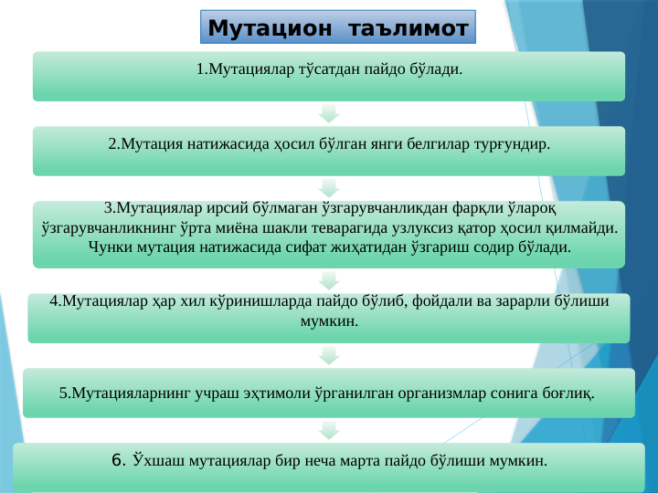 1.Мутациялар тўсатдан пайдо бўлади.
2.Мутация натижасида ҳосил бўлган янги белгилар турғундир.
3.Мутациялар ирсий бўлмаган ўзгарувчанликдан фарқли ўлароқ 
ўзгарувчанликнинг ўрта миёна шакли теварагида узлуксиз қатор ҳосил қилмайди. 
Чунки мутация натижасида сифат жиҳатидан ўзгариш содир бўлади.
4.Мутациялар ҳар хил кўринишларда пайдо бўлиб, фойдали ва зарарли бўлиши 
мумкин.
5.Мутацияларнинг учраш эҳтимоли ўрганилган организмлар сонига боғлиқ. 
6. Ўхшаш мутациялар бир неча марта пайдо бўлиши мумкин.
Мутацион  таълимот
